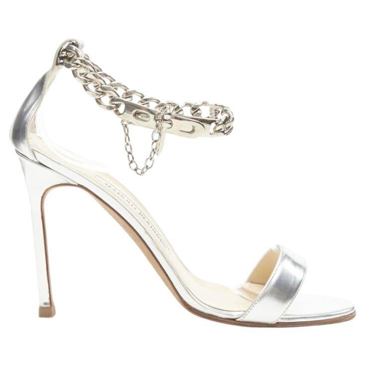 MANOLO BLAHNIK silver chunky chain lock ankle strap high heel sandal EU37 US7