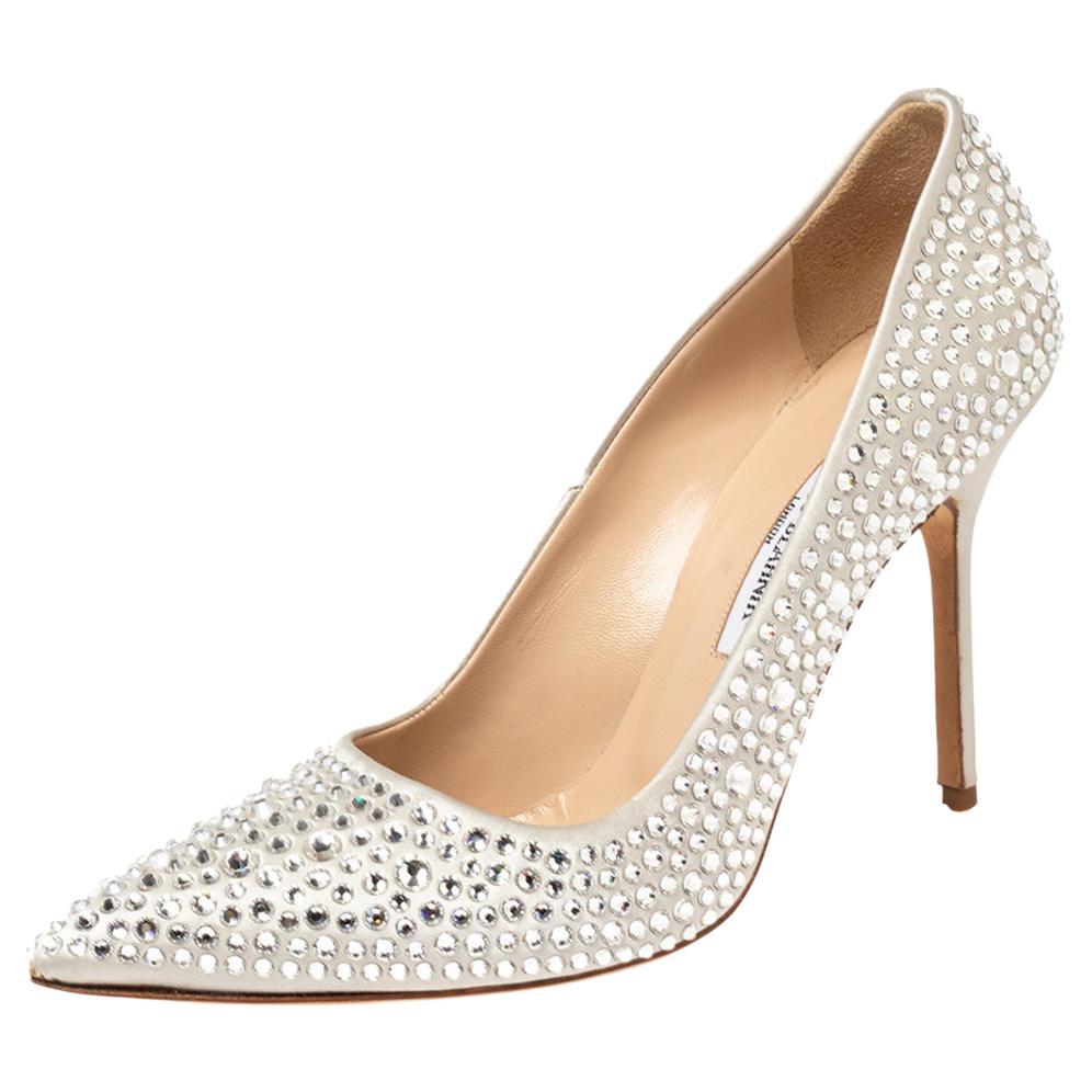 Manolo Blahnik Silver Crystal Embellished BB Pointed Toe Pumps Size 39