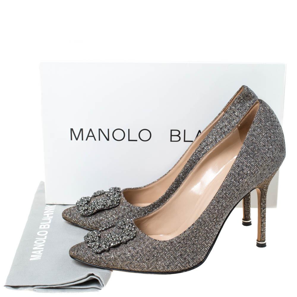 Manolo Blahnik Silver Glitter Fabric Hangisi Crystal Embellished Pumps Size 39.5 4