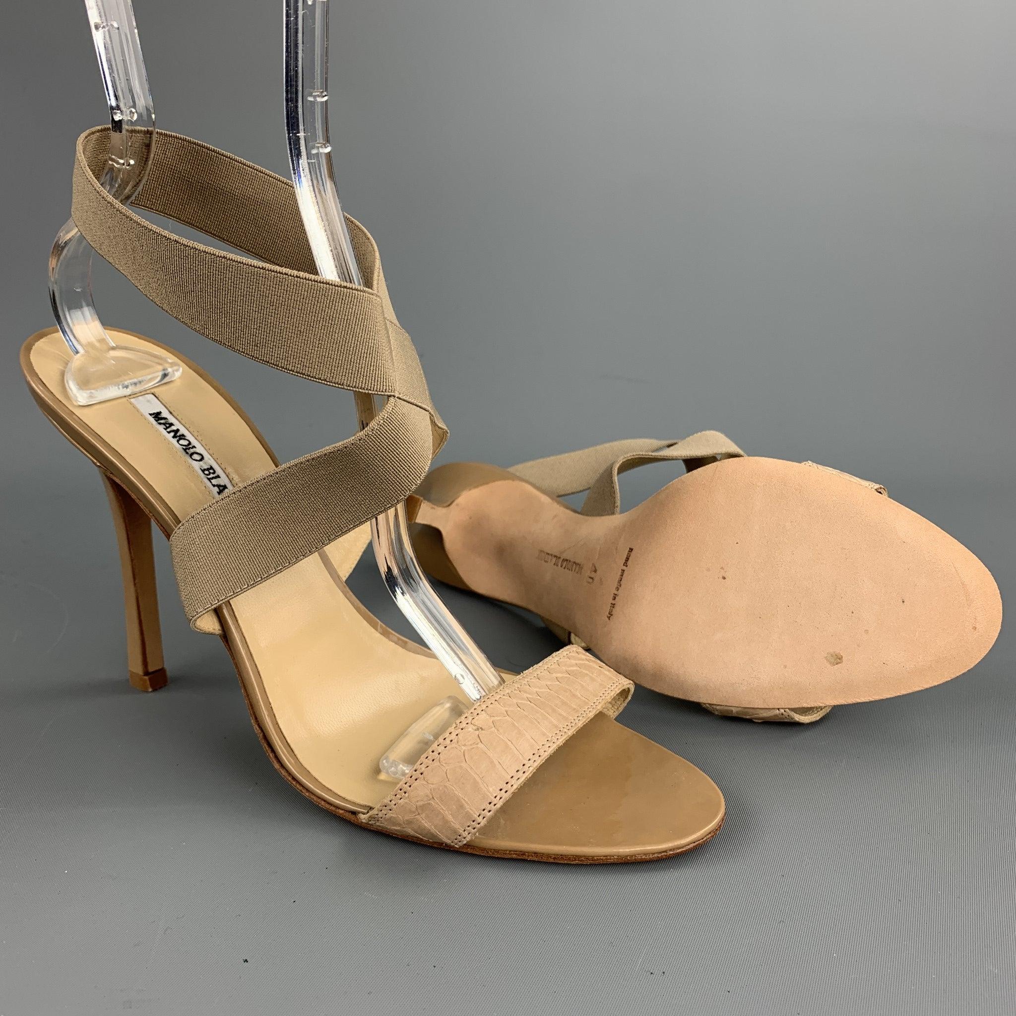 MANOLO BLAHNIK Size 10 Beige Snakeskin Strap Heel Sandals In Good Condition For Sale In San Francisco, CA