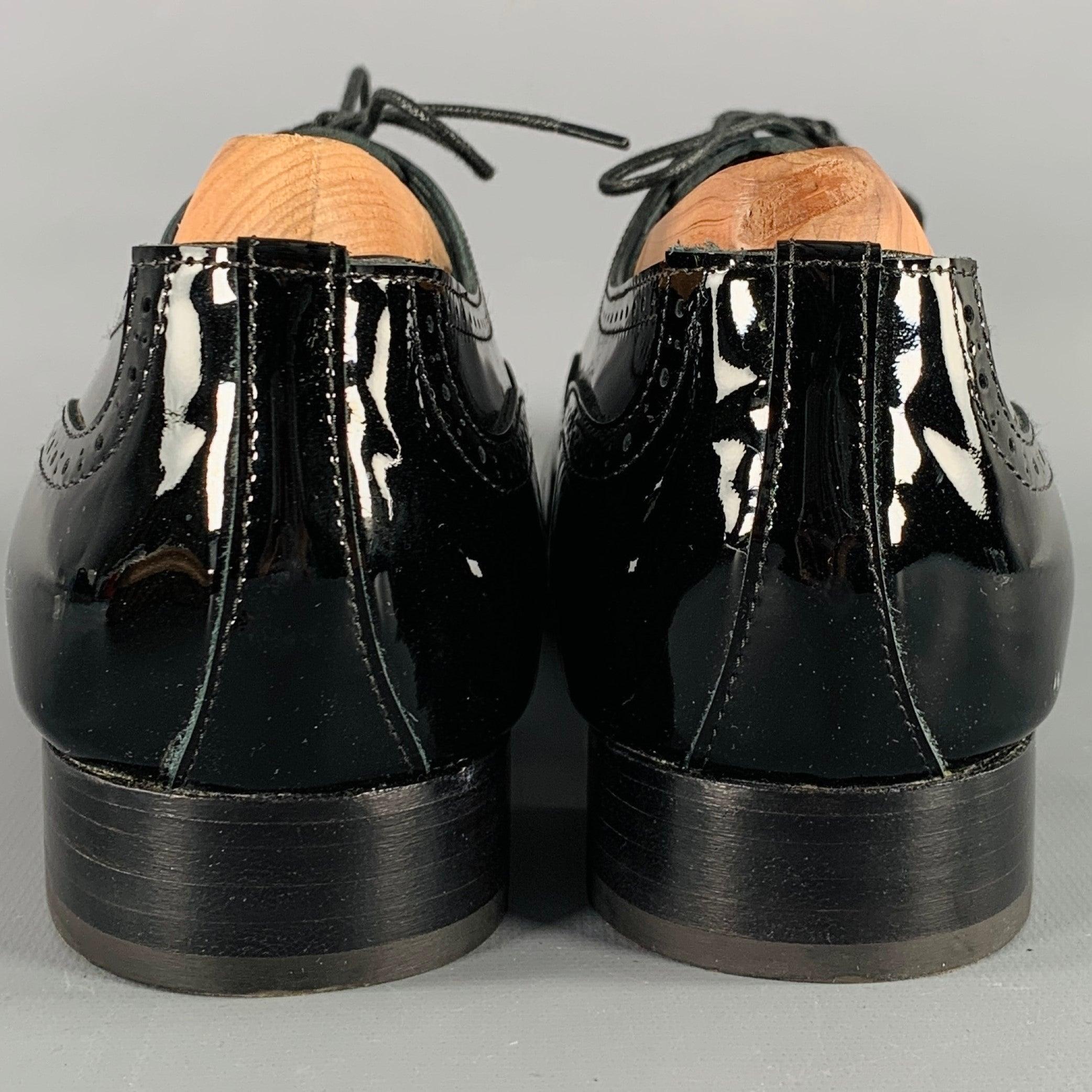 MANOLO BLAHNIK Size 10.5 Black Perforated Patent Leather Cap Toe Shoes In Good Condition For Sale In San Francisco, CA