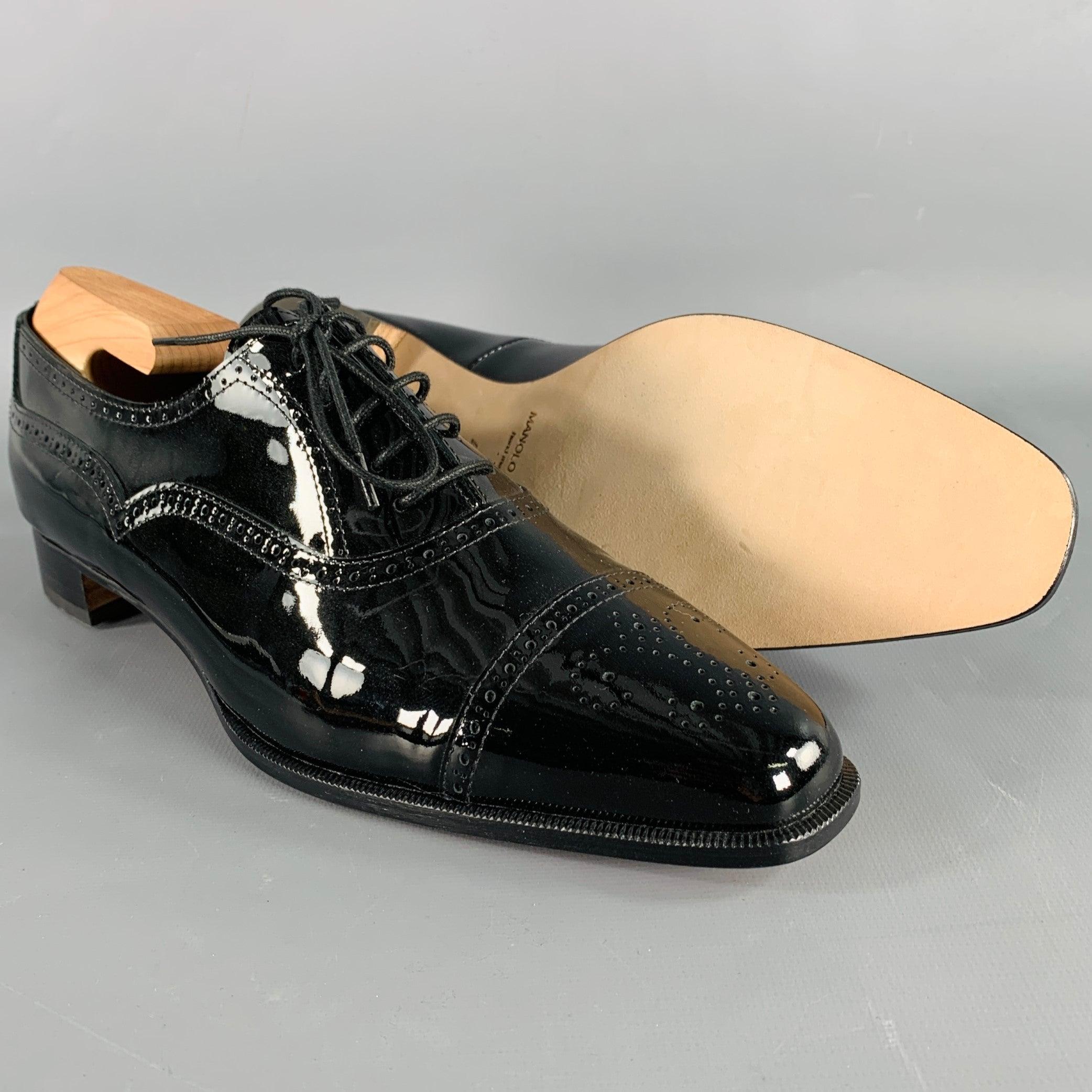 MANOLO BLAHNIK Size 10.5 Black Perforated Patent Leather Cap Toe Shoes For Sale 1