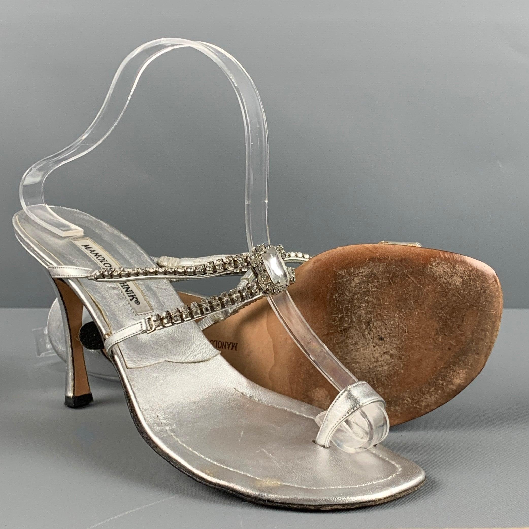MANOLO BLAHNIK Size 10.5 Silver Leather Strappy Sandals For Sale 1