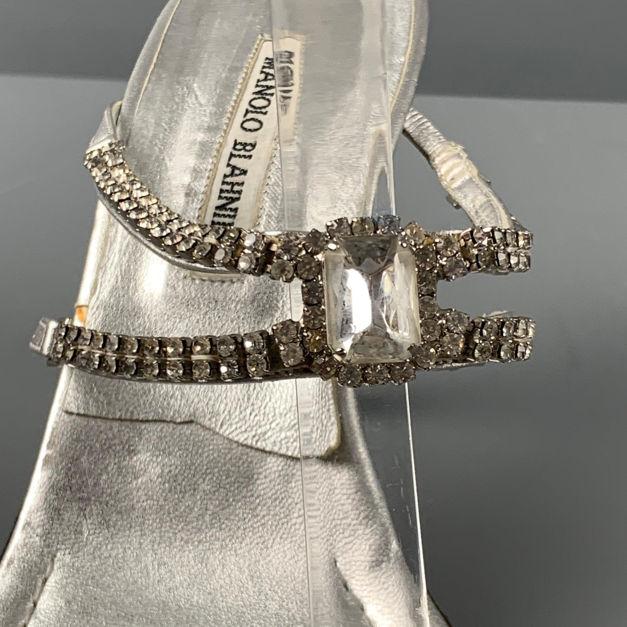 MANOLO BLAHNIK Size 10.5 Silver Leather Strappy Sandals For Sale 4