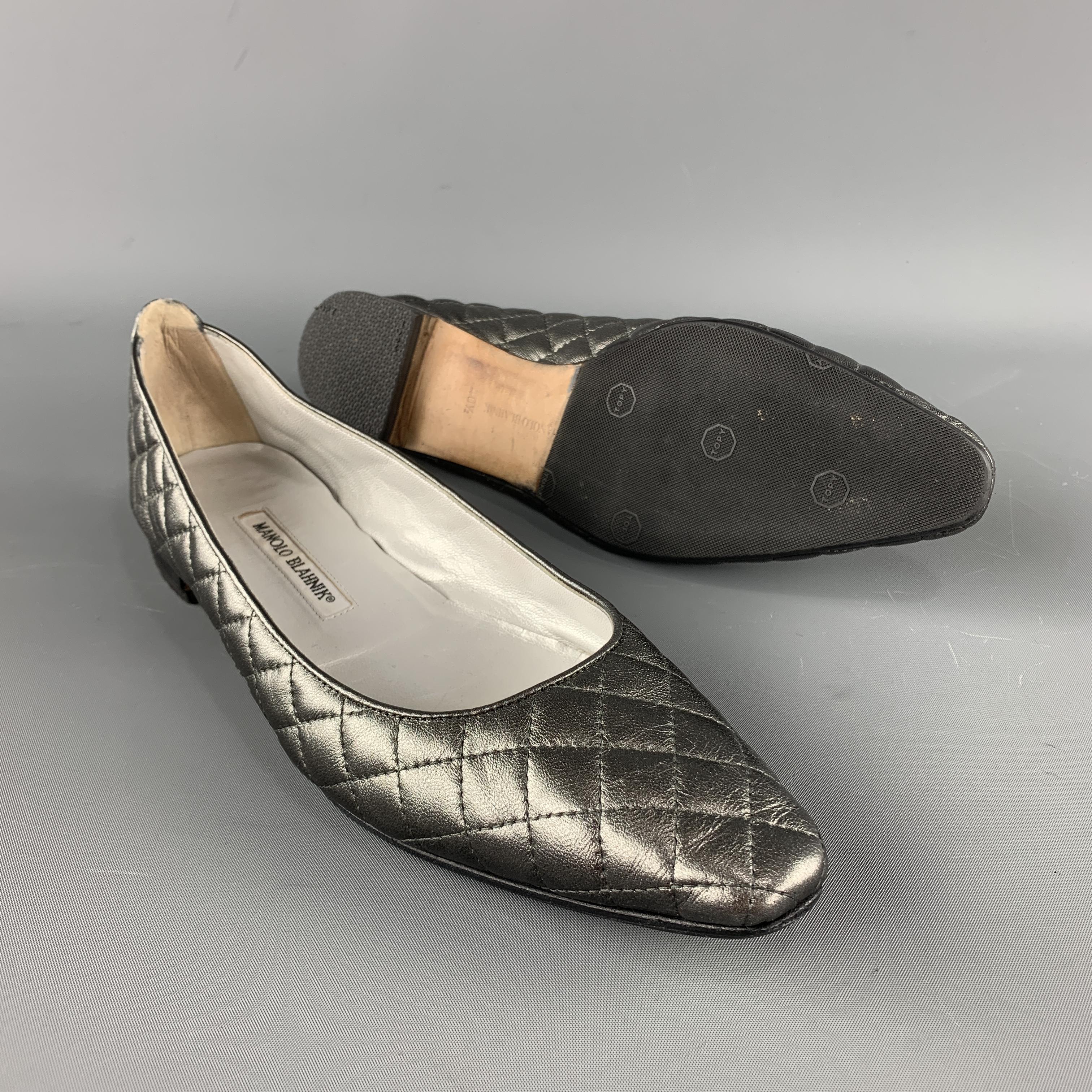 Black MANOLO BLAHNIK Size 10.5 Silver Quilted Leather Flats