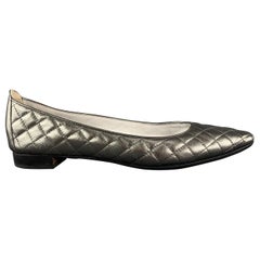 MANOLO BLAHNIK Size 10.5 Silver Quilted Leather Flats