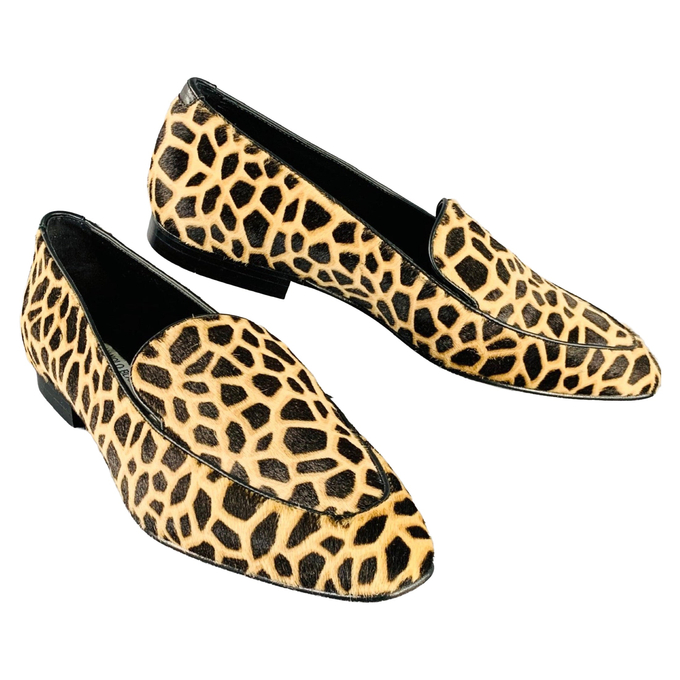 MANOLO BLAHNIK Size 11 Brown Black Pony Hair Giraffe Loafer Flats