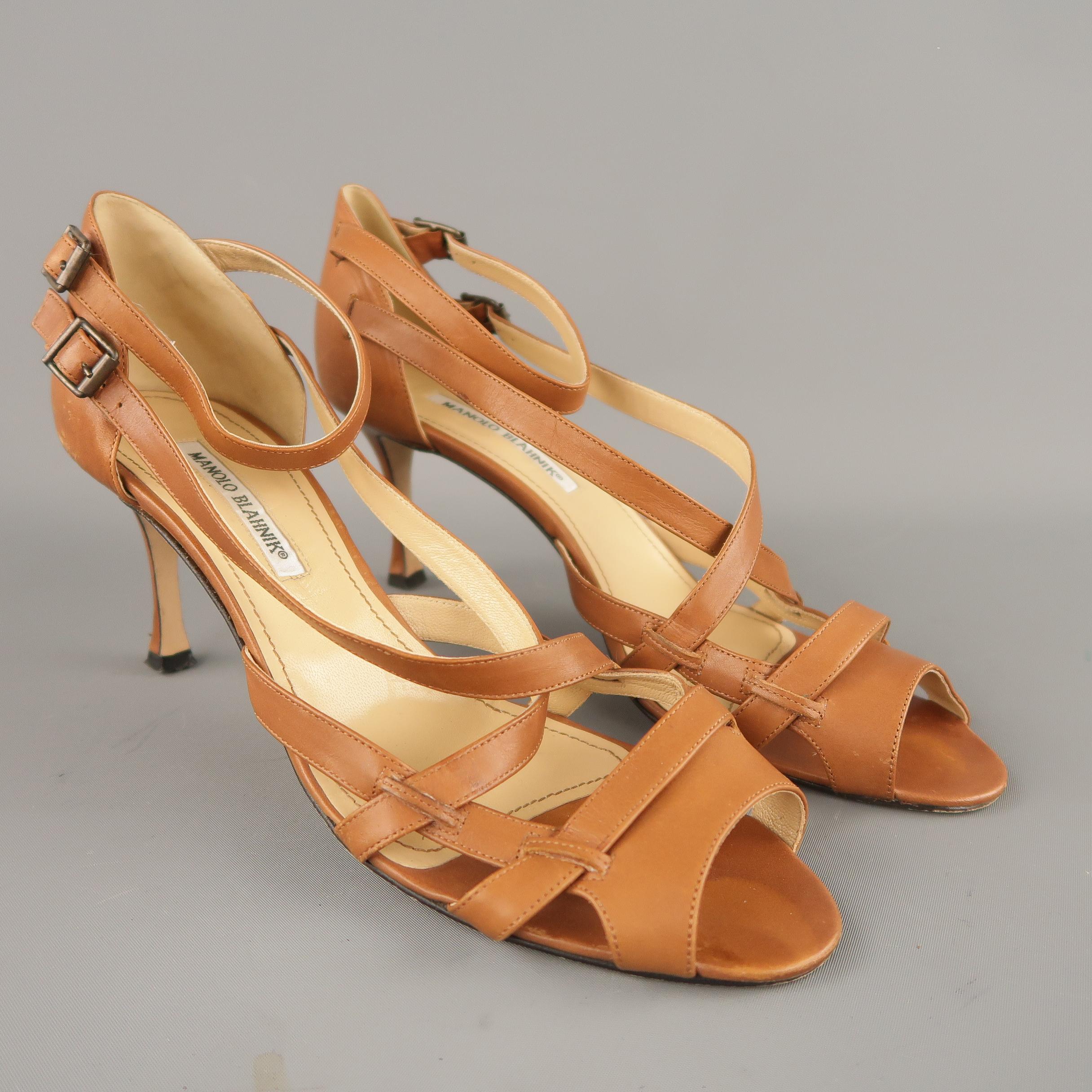 Women's MANOLO BLAHNIK Size 12 Brown Leather Cross Ankle Strap Peep Toe Sandals