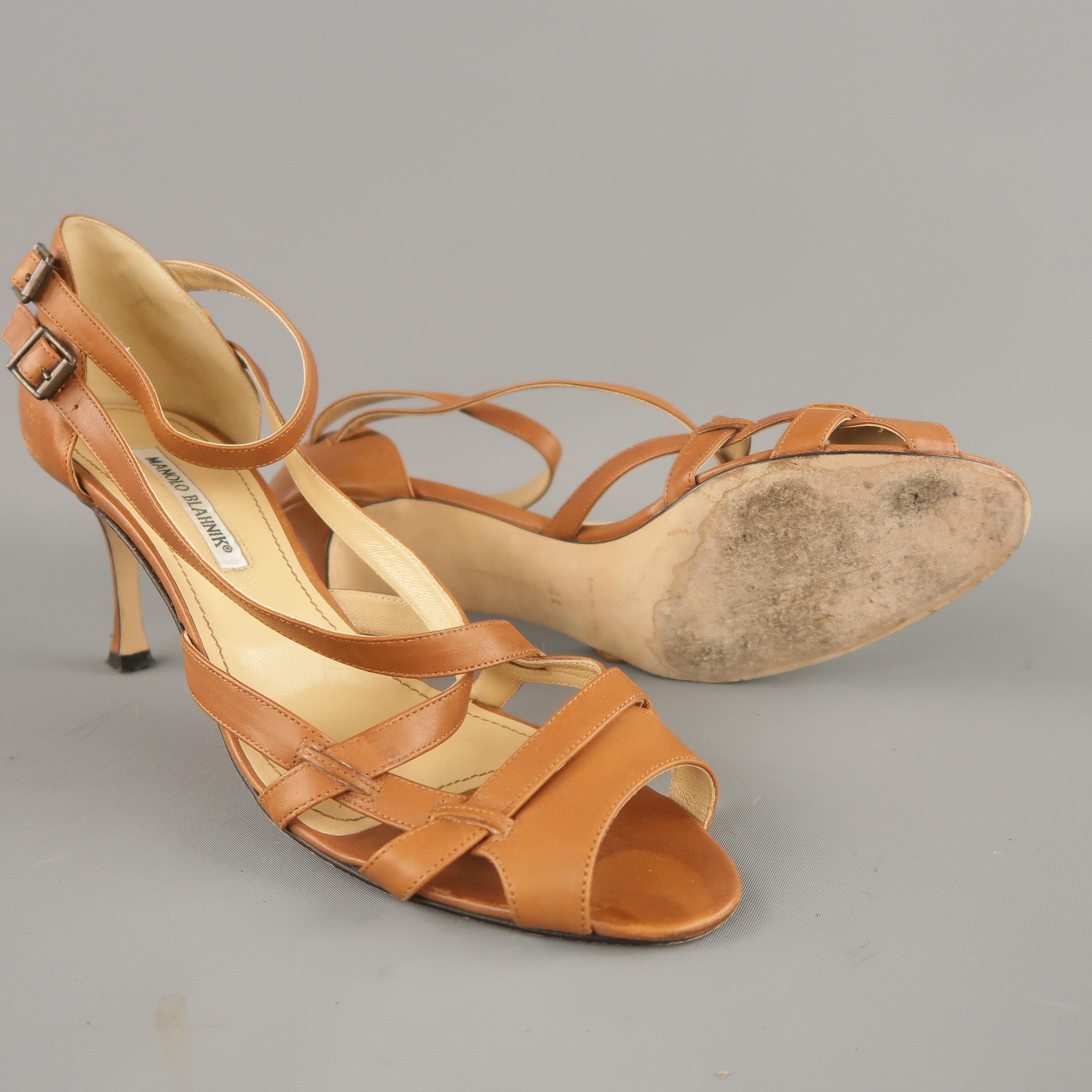 MANOLO BLAHNIK Size 12 Brown Leather Cross Ankle Strap Peep Toe Sandals 1
