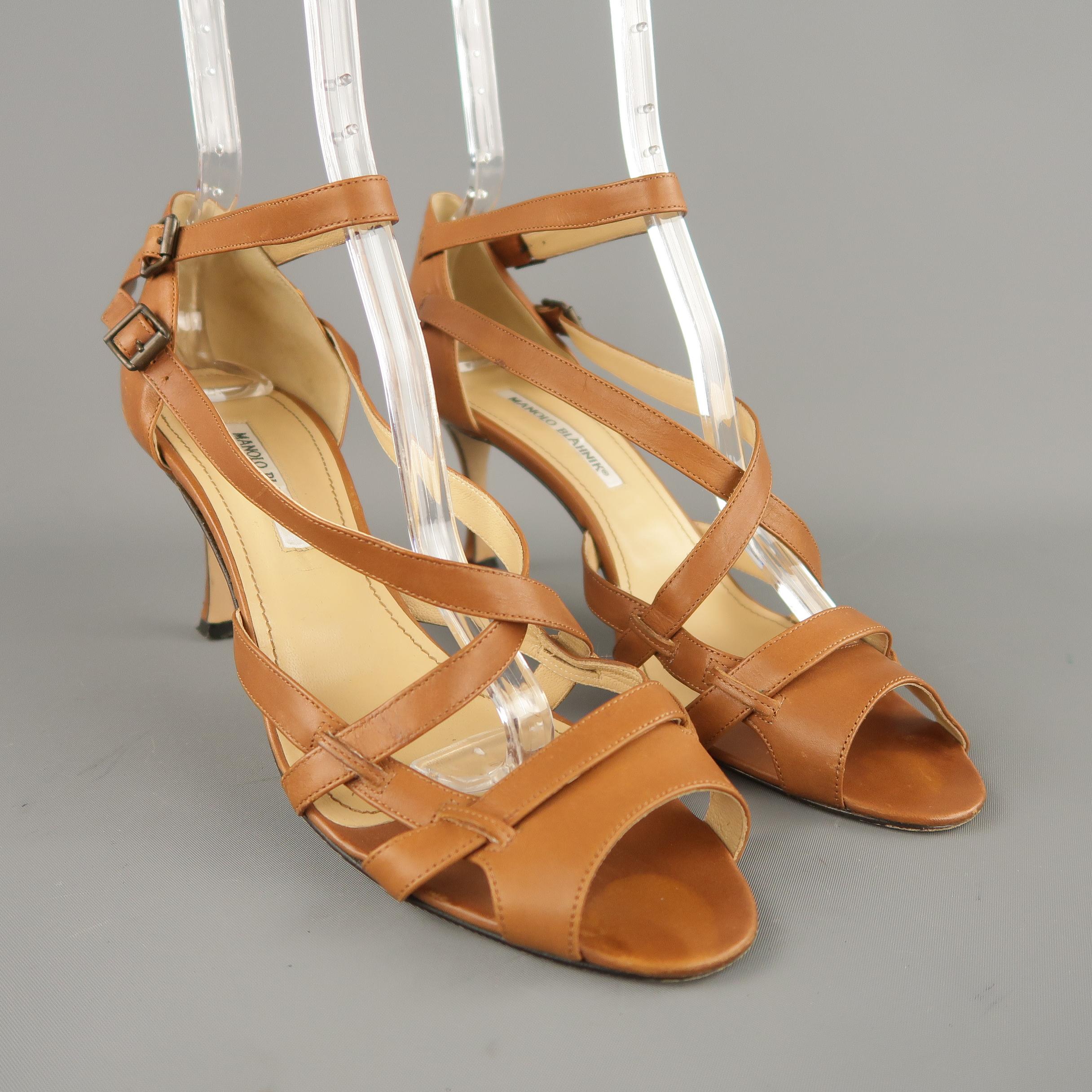 MANOLO BLAHNIK Size 12 Brown Leather Cross Ankle Strap Peep Toe Sandals 2