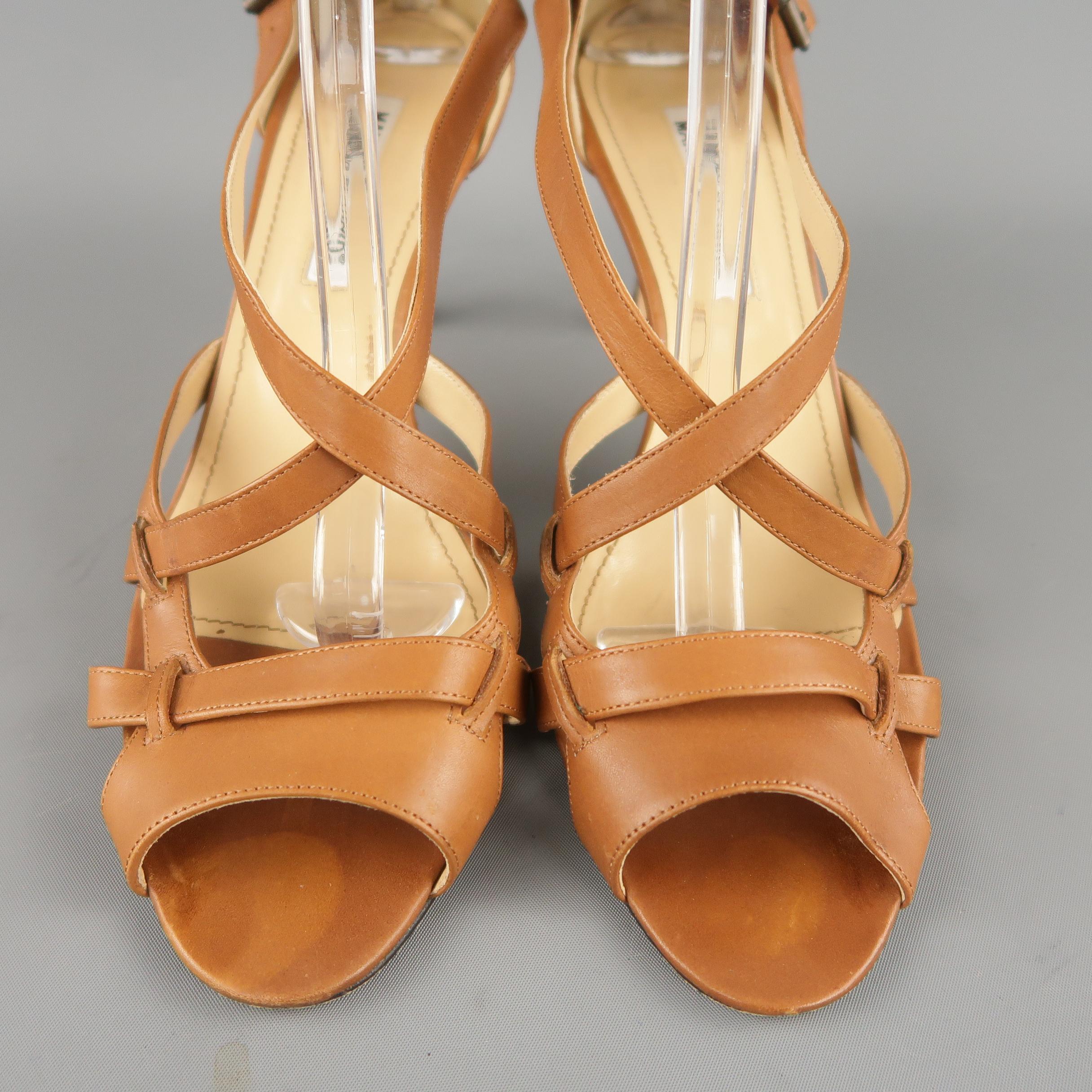 MANOLO BLAHNIK Size 12 Brown Leather Cross Ankle Strap Peep Toe Sandals 4