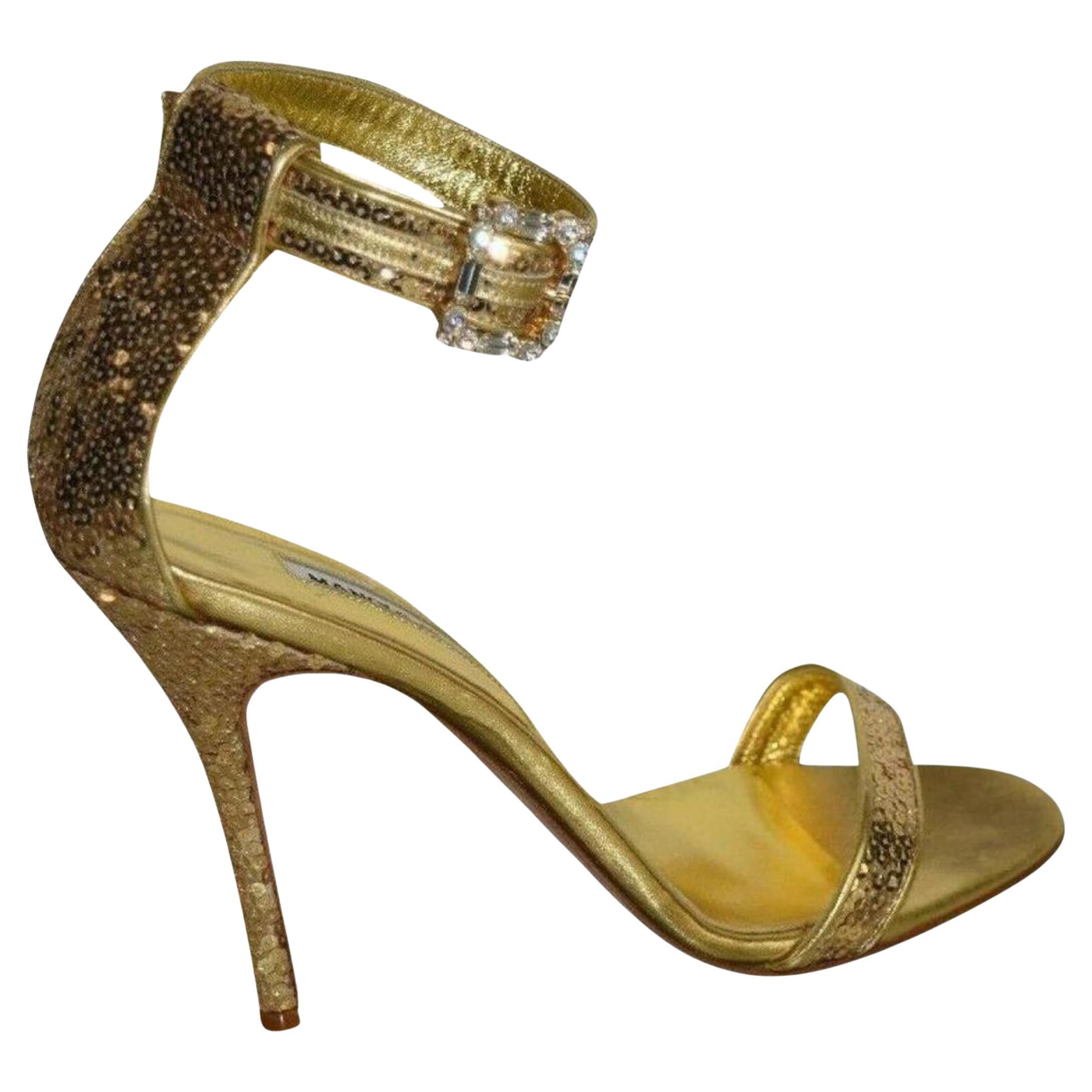 Manolo Blahnik Size 38.5 Eufidabo Chaos Gold Sequin Crystal 13mb49 For Sale