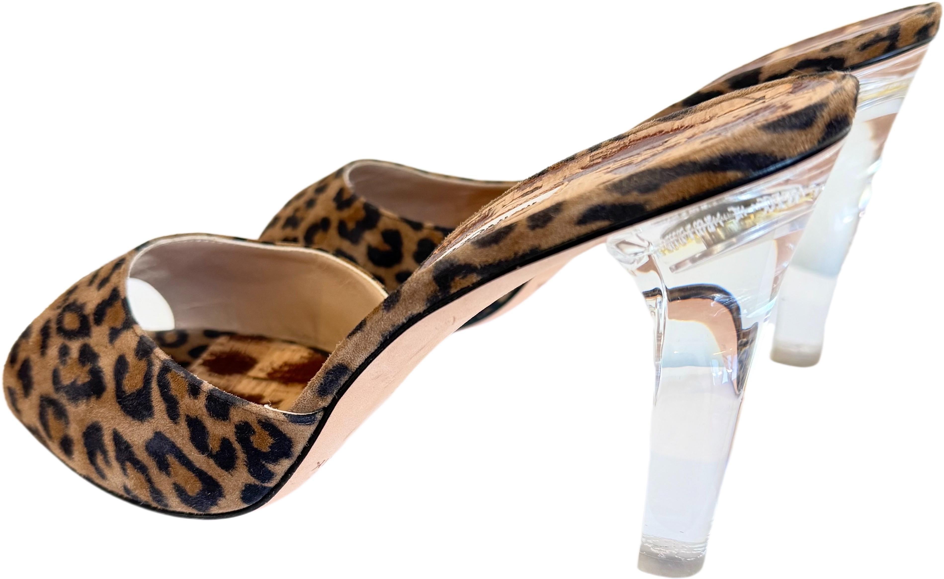 Manolo Blahnik Size 39 / 9 2000s Leopard Spring-o-Lator Mules Lucite Heels Shoes For Sale 2
