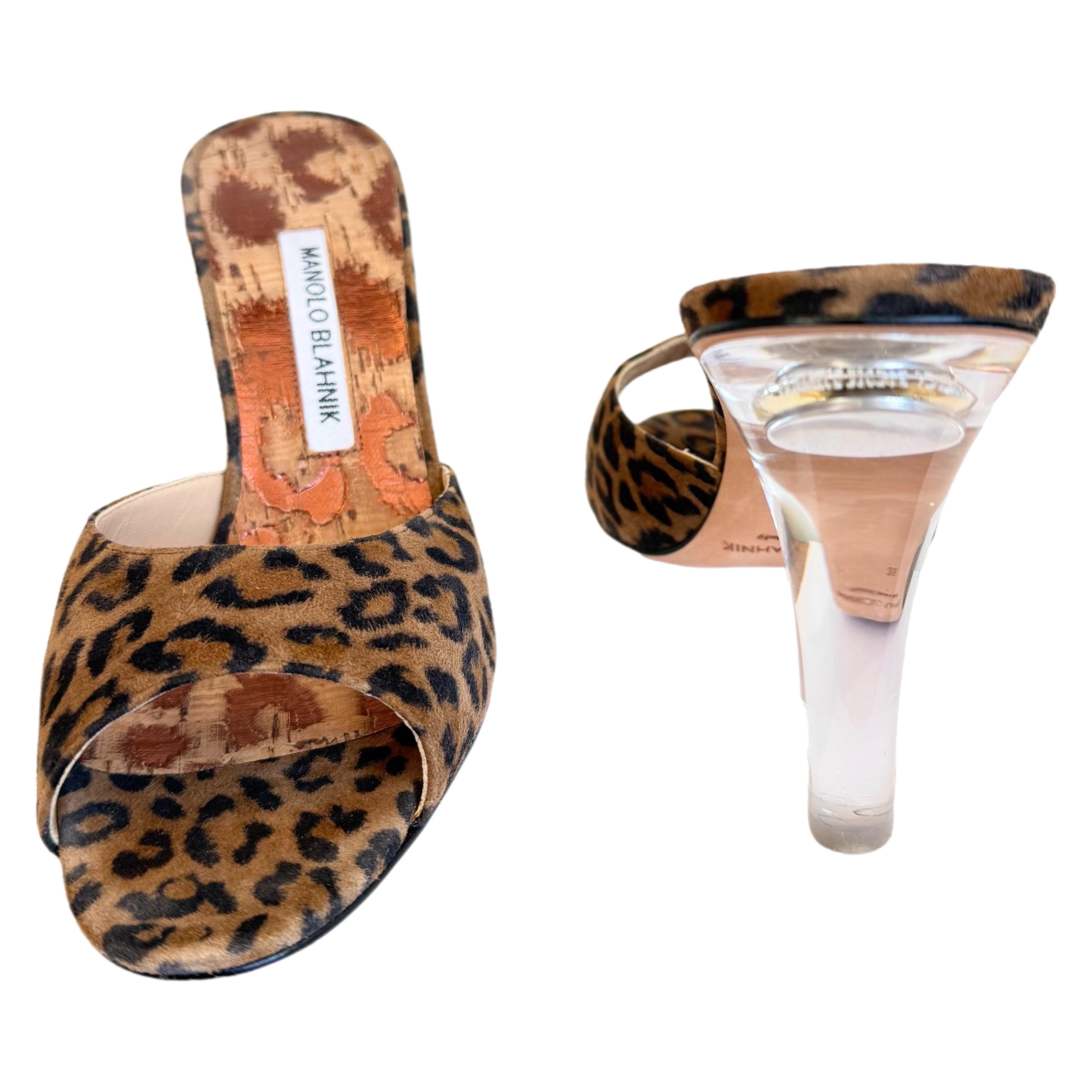 Manolo Blahnik Size 39 / 9 2000s Leopard Spring-o-Lator Mules Lucite Heels Shoes For Sale