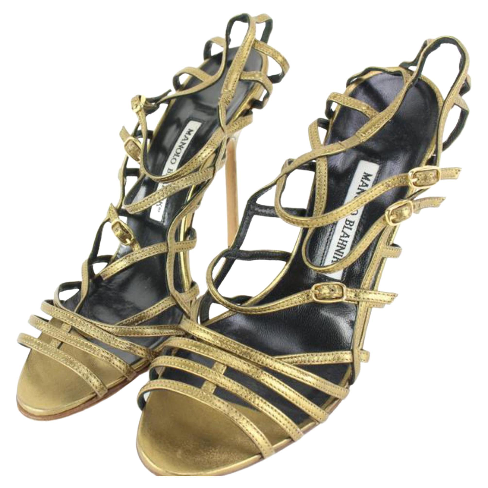 Manolo Blahnik Size 39 Bronze Strappy Sandals 46mb54s