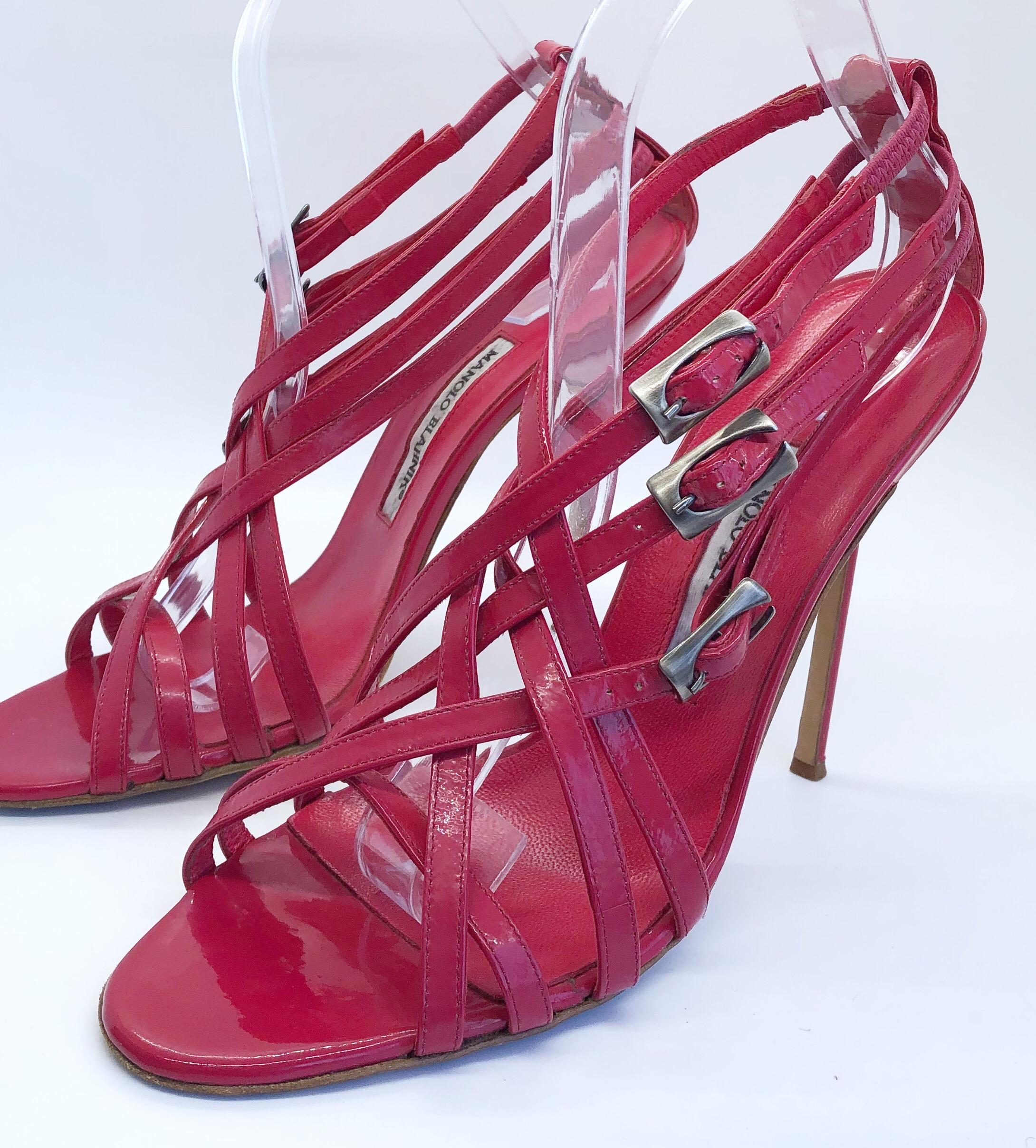 Beautiful MANOLO BLAHNIK raspberry pink patent leather strappy high heels in hard to find Size 41 / US 11 ! Features three adjustable straps with silver / nickel hardware. Leather soles. Worn once. Can easily be dressed up or down. Great with jeans,
