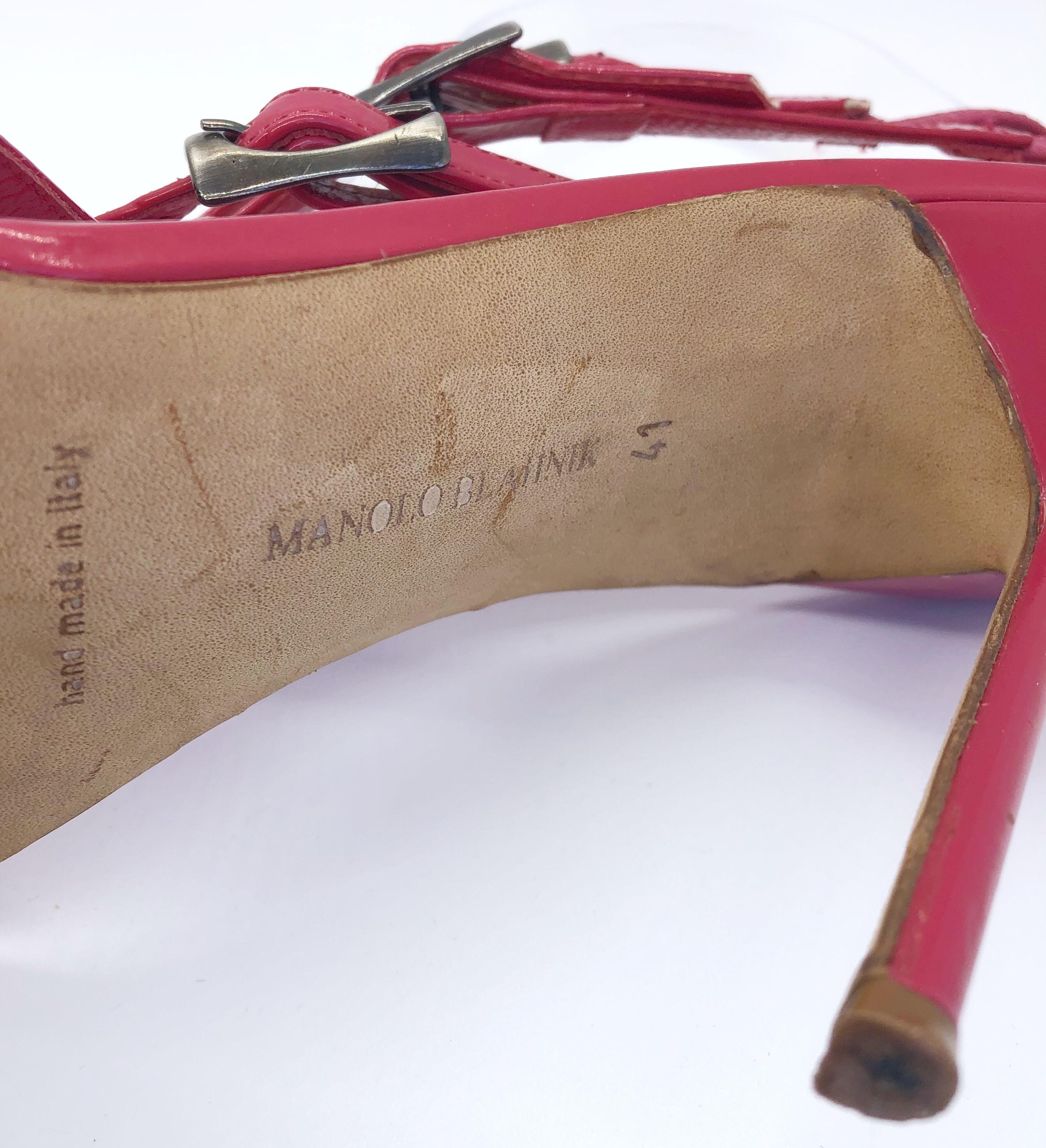 Brown Manolo Blahnik Size 41 / 11 Raspberry Pink Patent Leather Strappy High Heels  For Sale