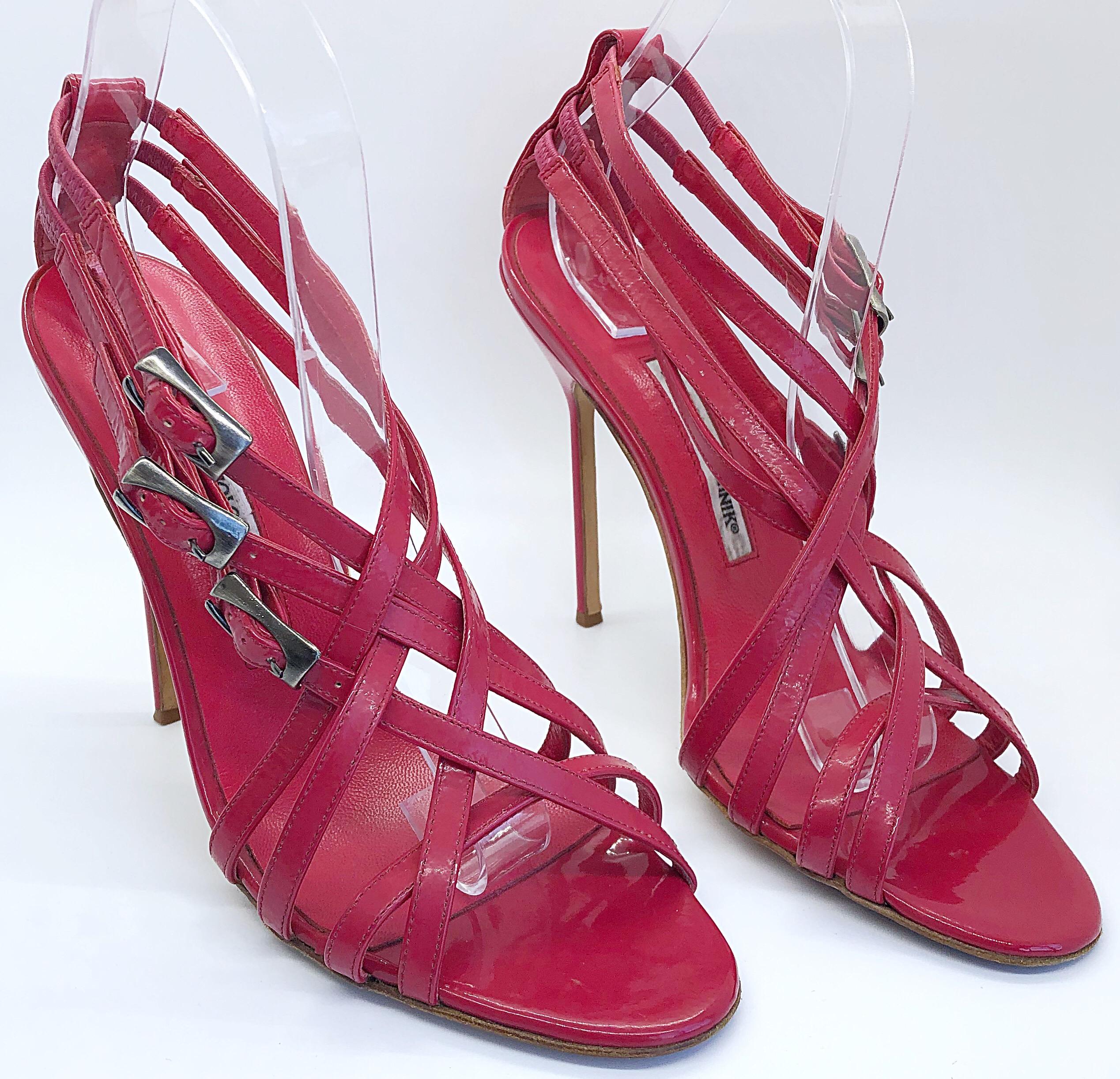 Manolo Blahnik Size 41 / 11 Raspberry Pink Patent Leather Strappy High Heels  For Sale 1