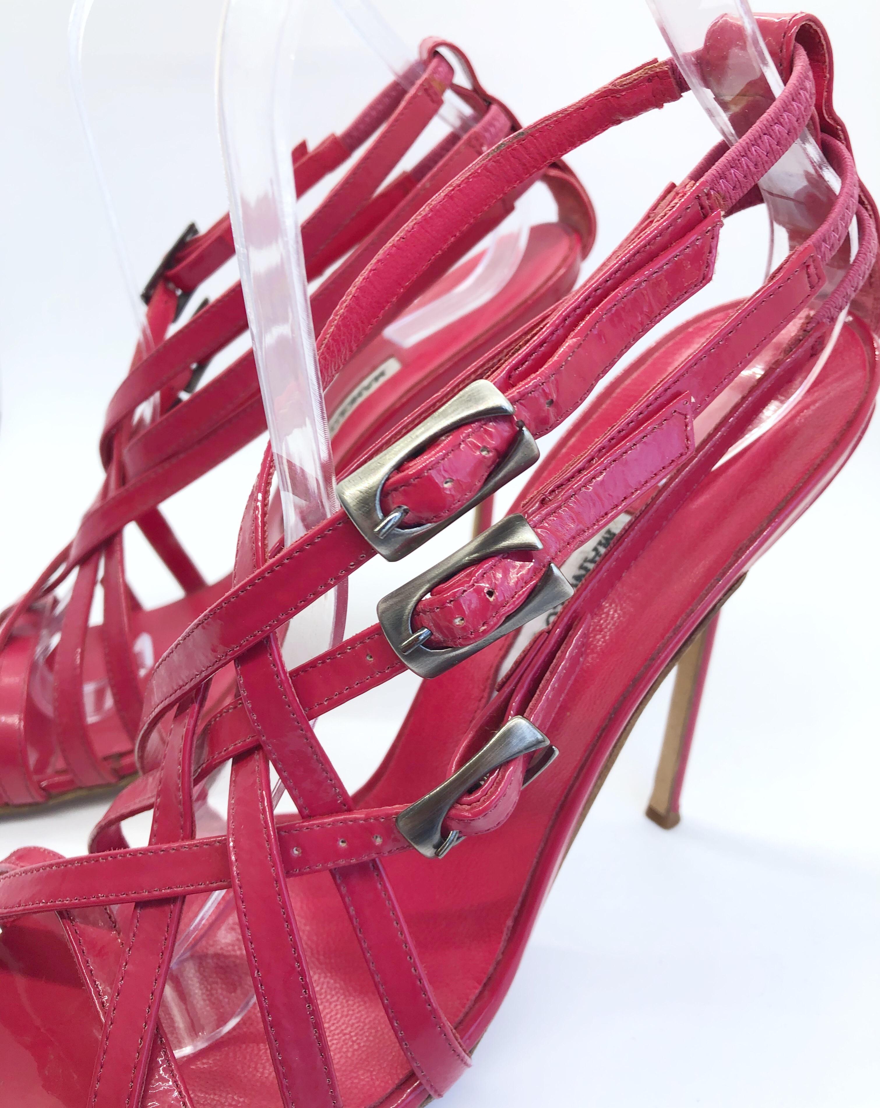 Manolo Blahnik Size 41 / 11 Raspberry Pink Patent Leather Strappy High Heels  For Sale 2