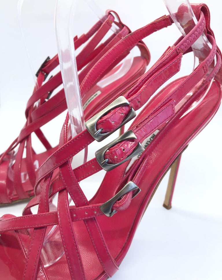 Manolo Blahnik Size 41 / 11 Raspberry Pink Patent Leather Strappy High ...