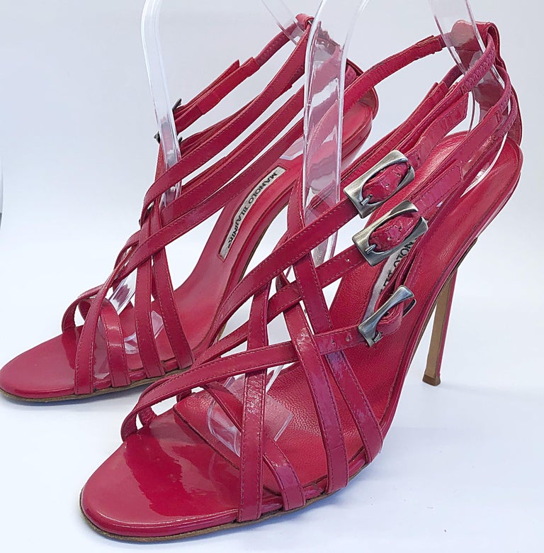 Manolo Blahnik Size 41 / 11 Raspberry Pink Patent Leather Strappy High ...