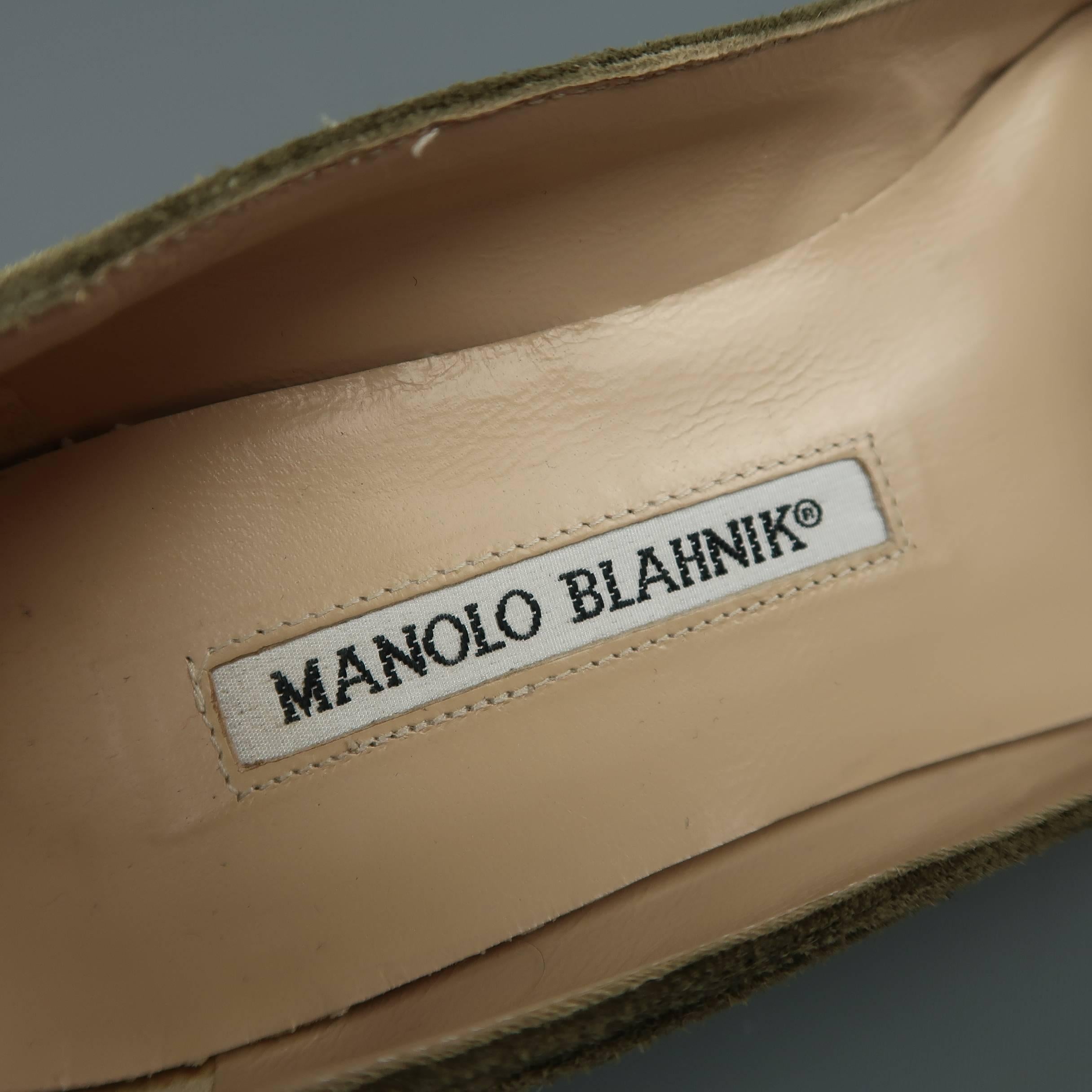 MANOLO BLAHNIK Flats - Size 5 Olive Green Suede Pointed Tassels Loafer Shoes In Good Condition In San Francisco, CA