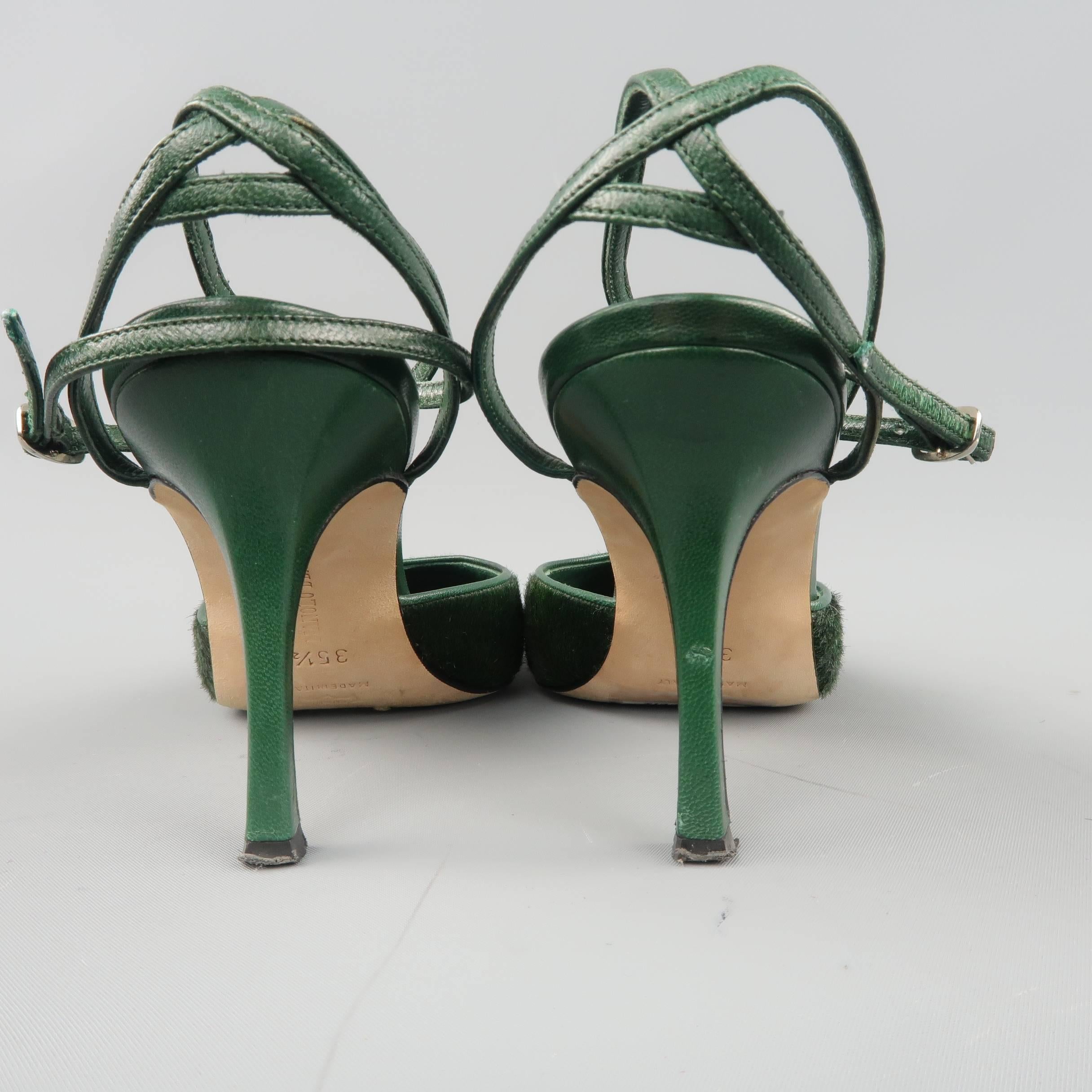 MANOLO BLAHNIK Pumps Heels Size 5.5  - Green Ponyhair & Leather Ankle Strap In Good Condition In San Francisco, CA