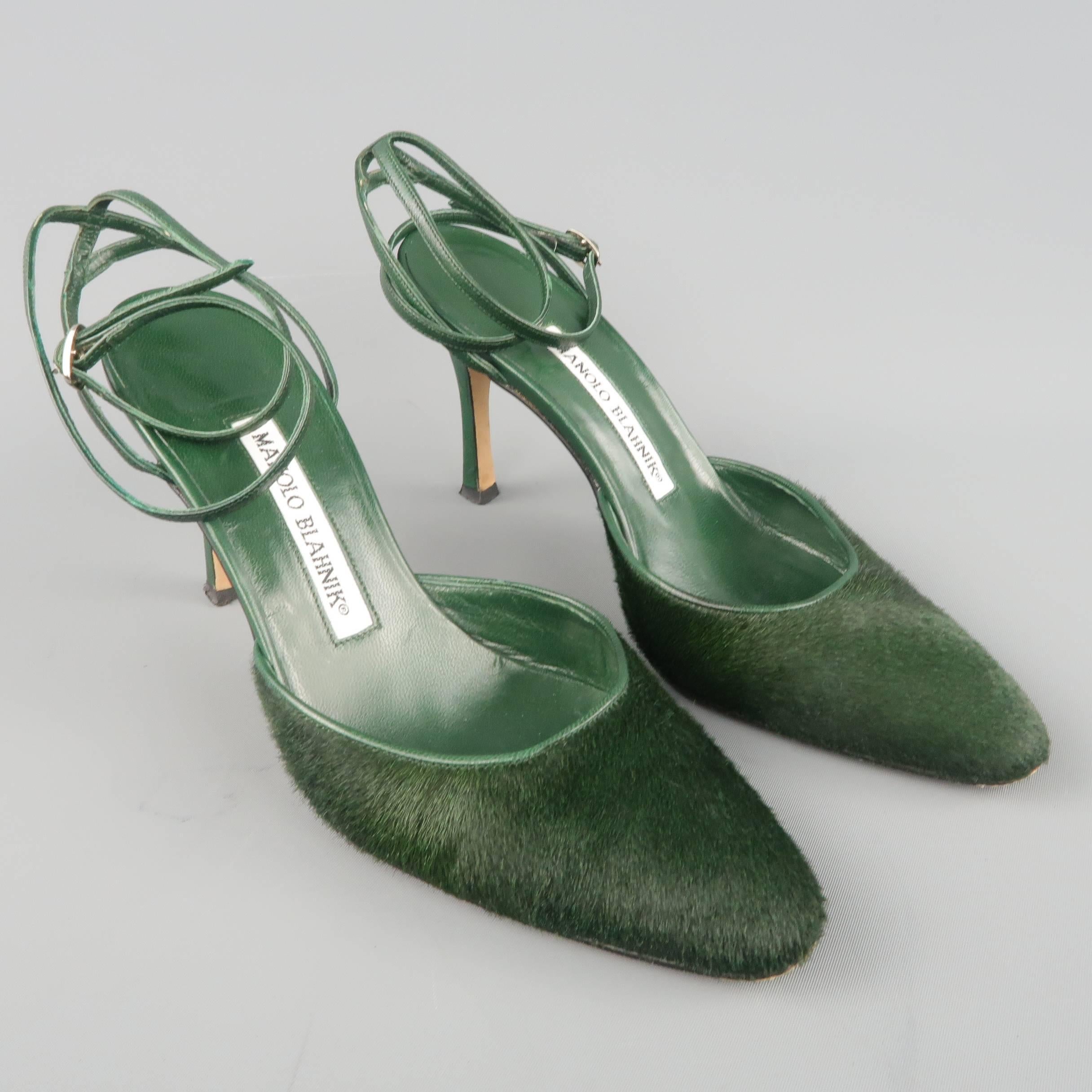 MANOLO BLAHNIK Pumps Heels Size 5.5  - Green Ponyhair & Leather Ankle Strap 1
