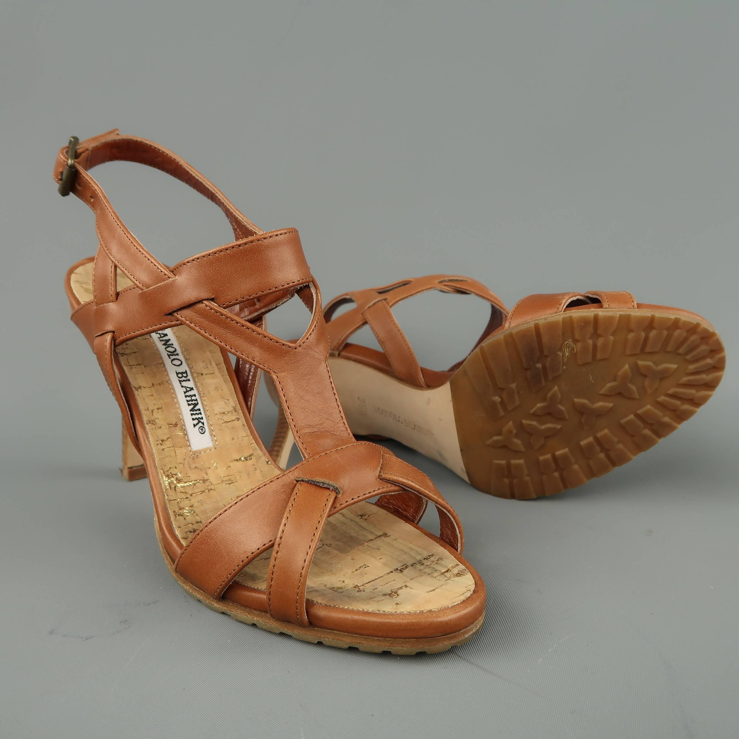 Brown MANOLO BLAHNIK 5.5 Tan Leather Strappy Harness Cork Sole Heels Sandals