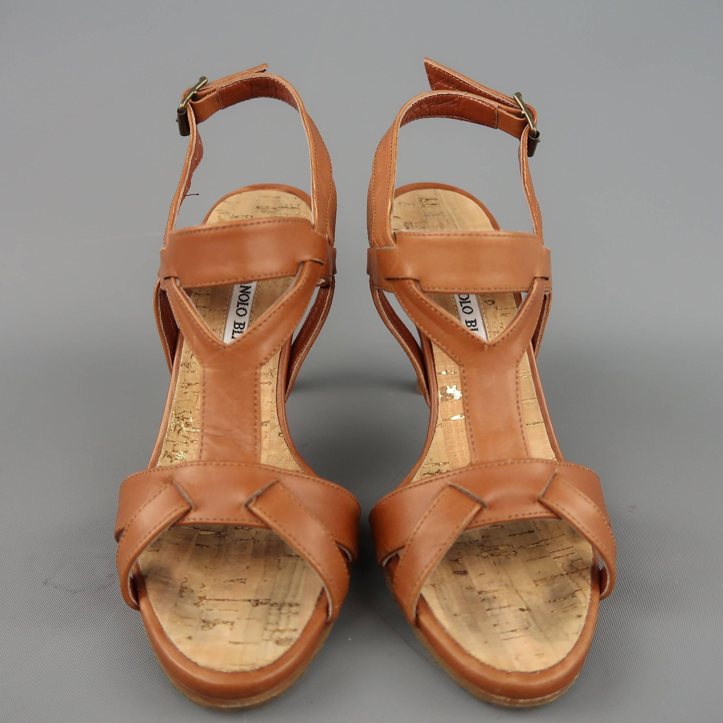 MANOLO BLAHNIK 5.5 Tan Leather Strappy Harness Cork Sole Heels Sandals In Good Condition In San Francisco, CA