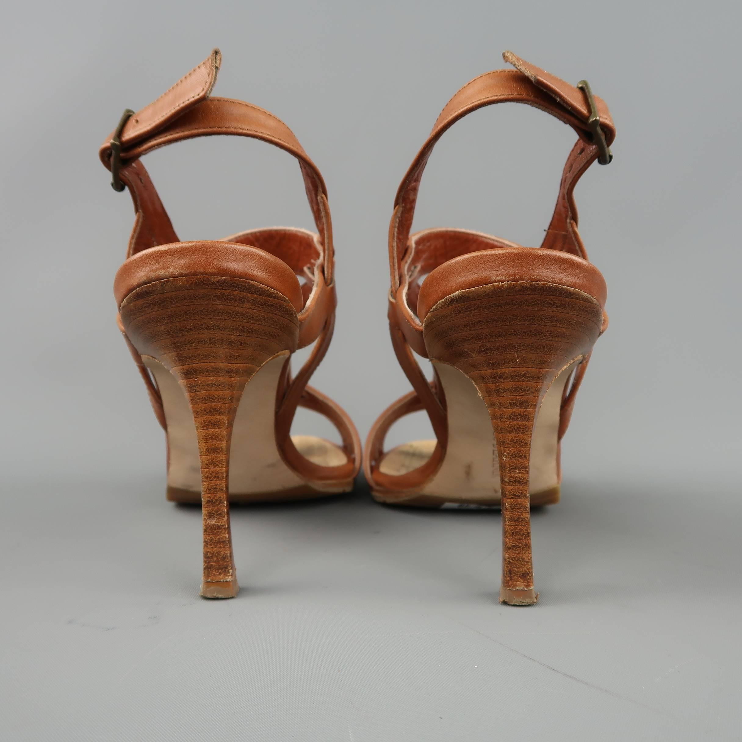 Women's MANOLO BLAHNIK 5.5 Tan Leather Strappy Harness Cork Sole Heels Sandals