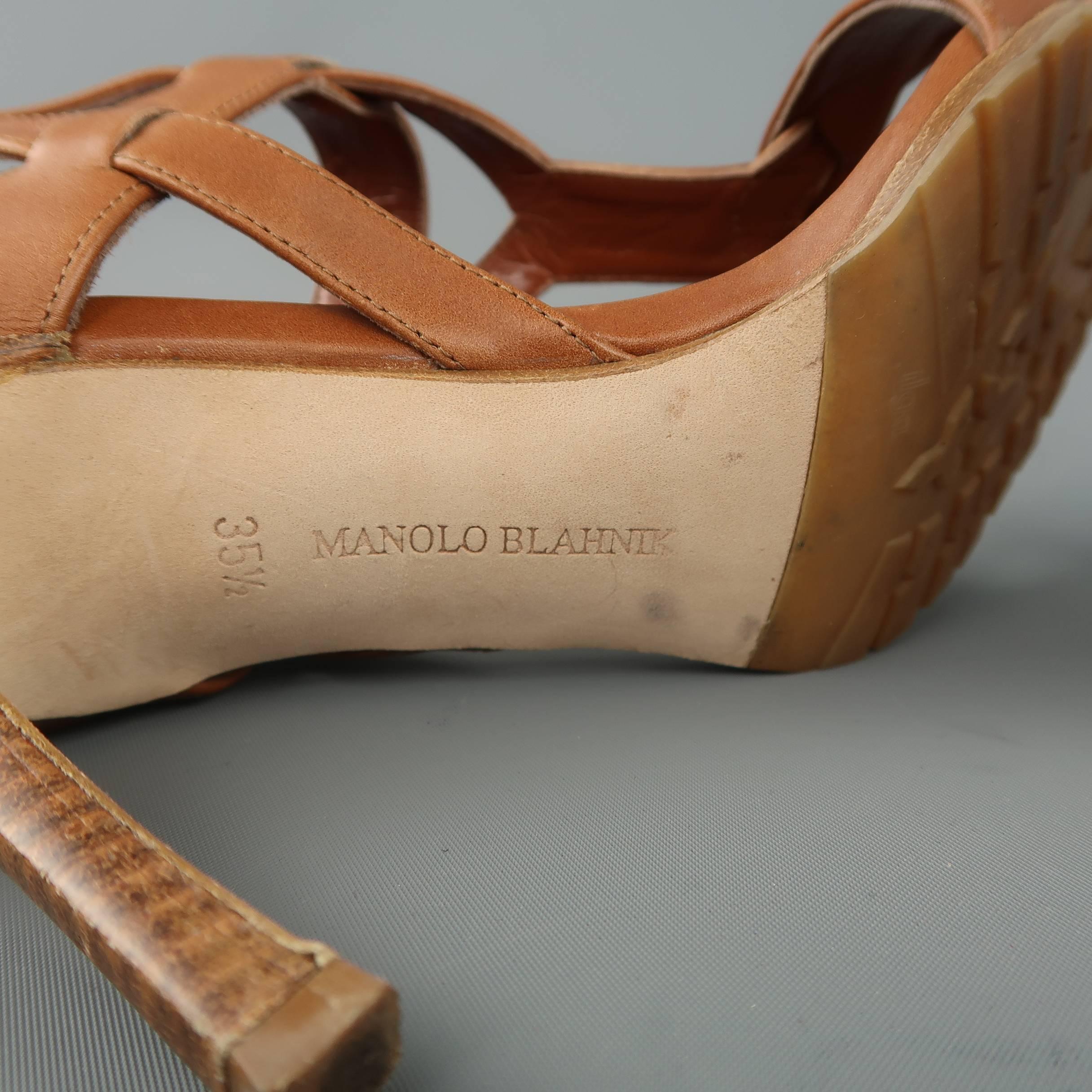 MANOLO BLAHNIK 5.5 Tan Leather Strappy Harness Cork Sole Heels Sandals 1