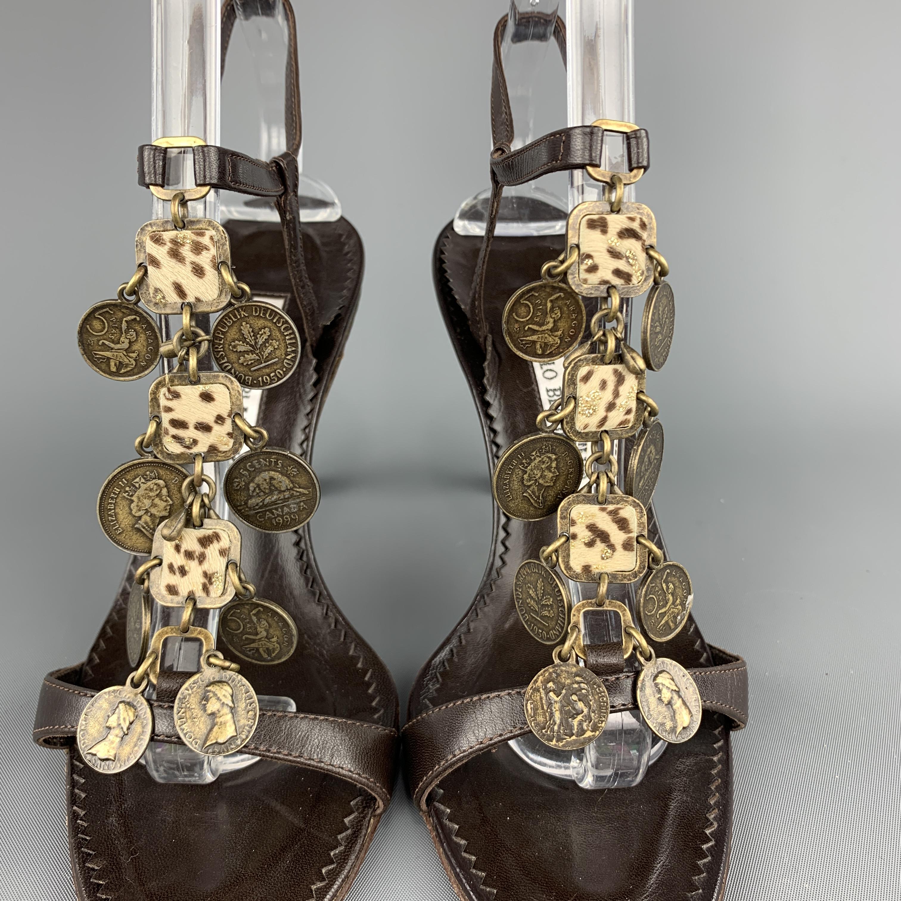 Women's MANOLO BLAHNIK Size 6 Brown Leather Coin T Strap ISLA Sandals