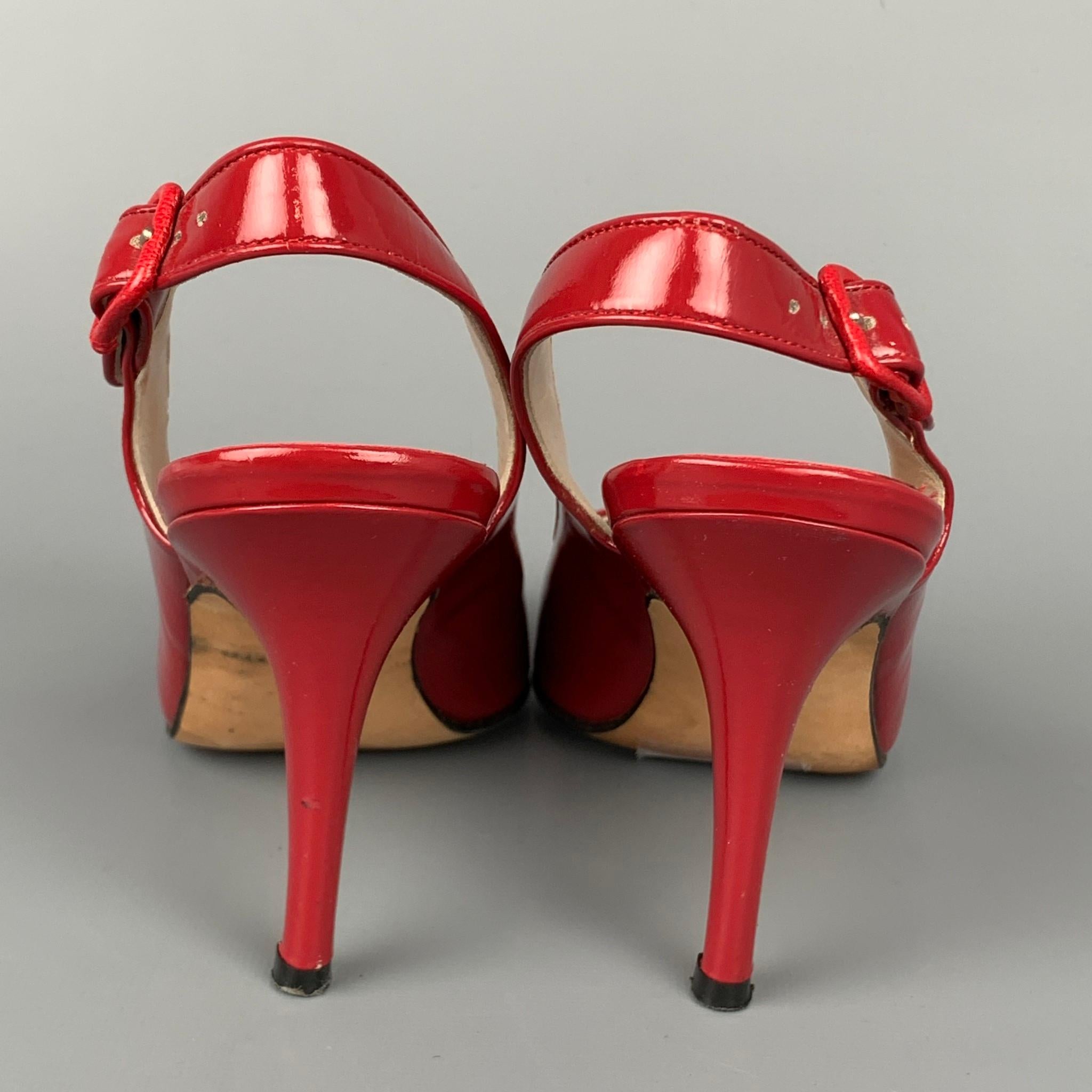 MANOLO BLAHNIK Size 6 Red Patent Leather Slingback Peep Toe Sandals In Good Condition In San Francisco, CA