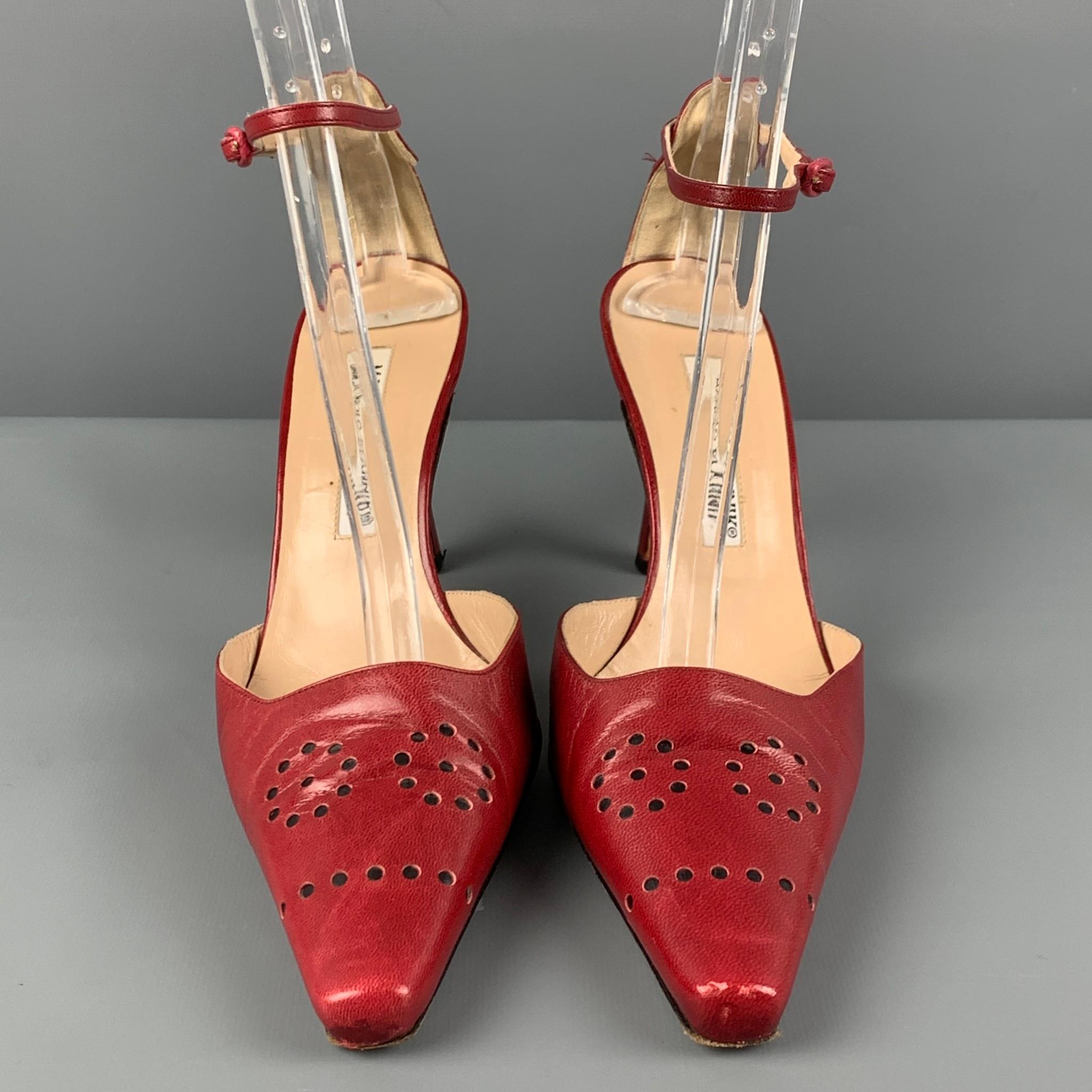 MANOLO BLAHNIK Size 6.5 Red Leather Perforated Ankle Strap Pumps In Good Condition In San Francisco, CA