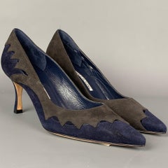 MANOLO BLAHNIK Size 7 Grey & Navy Suede Cut Out Pumps