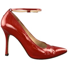 MANOLO BLAHNIK Size 7 Red Patent Leather Ankle Strap Pointed Pump