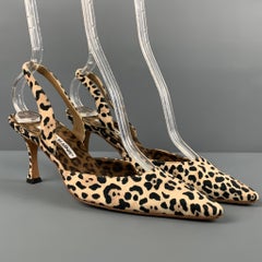 MANOLO BLAHNIK Size 7 Tan Canvas Animal Print Slingback Pumps