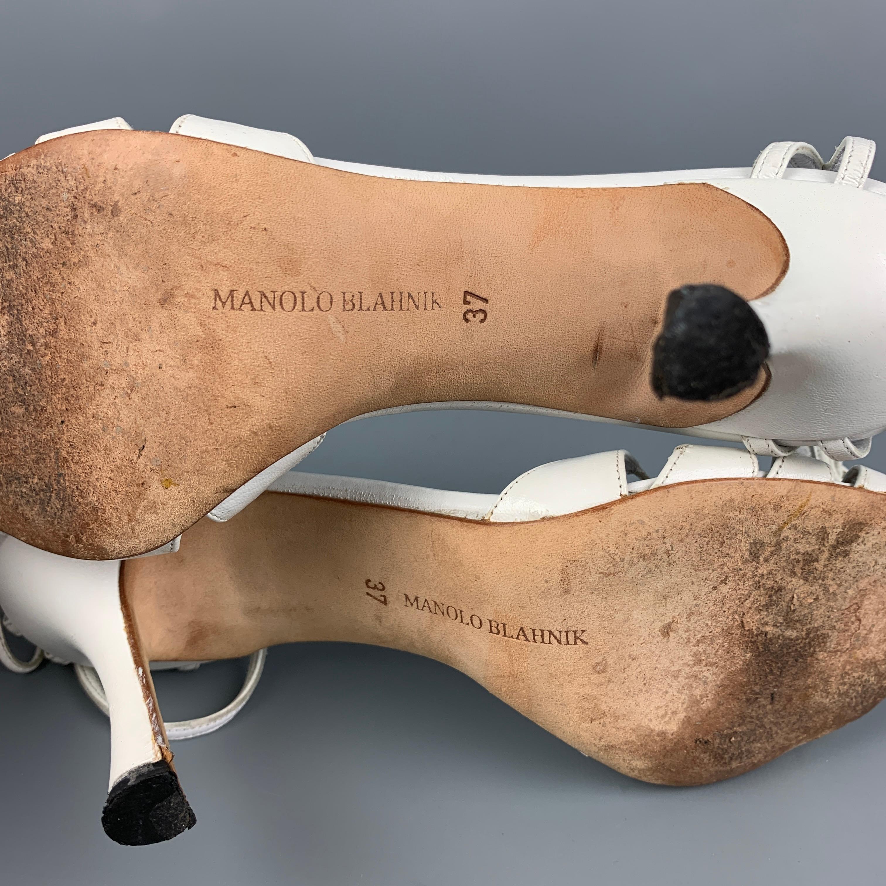 MANOLO BLAHNIK Size 7 White Leather Ankle Strap Sandals 2