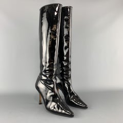 MANOLO BLAHNIK Size 8 Black Patent Leather Pointed Knee High Boots