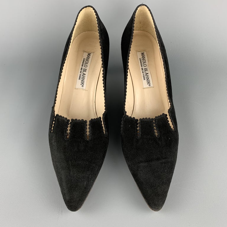 MANOLO BLAHNIK Size 8 Black Suede Fringe Kitten Heel Pumps at 1stDibs