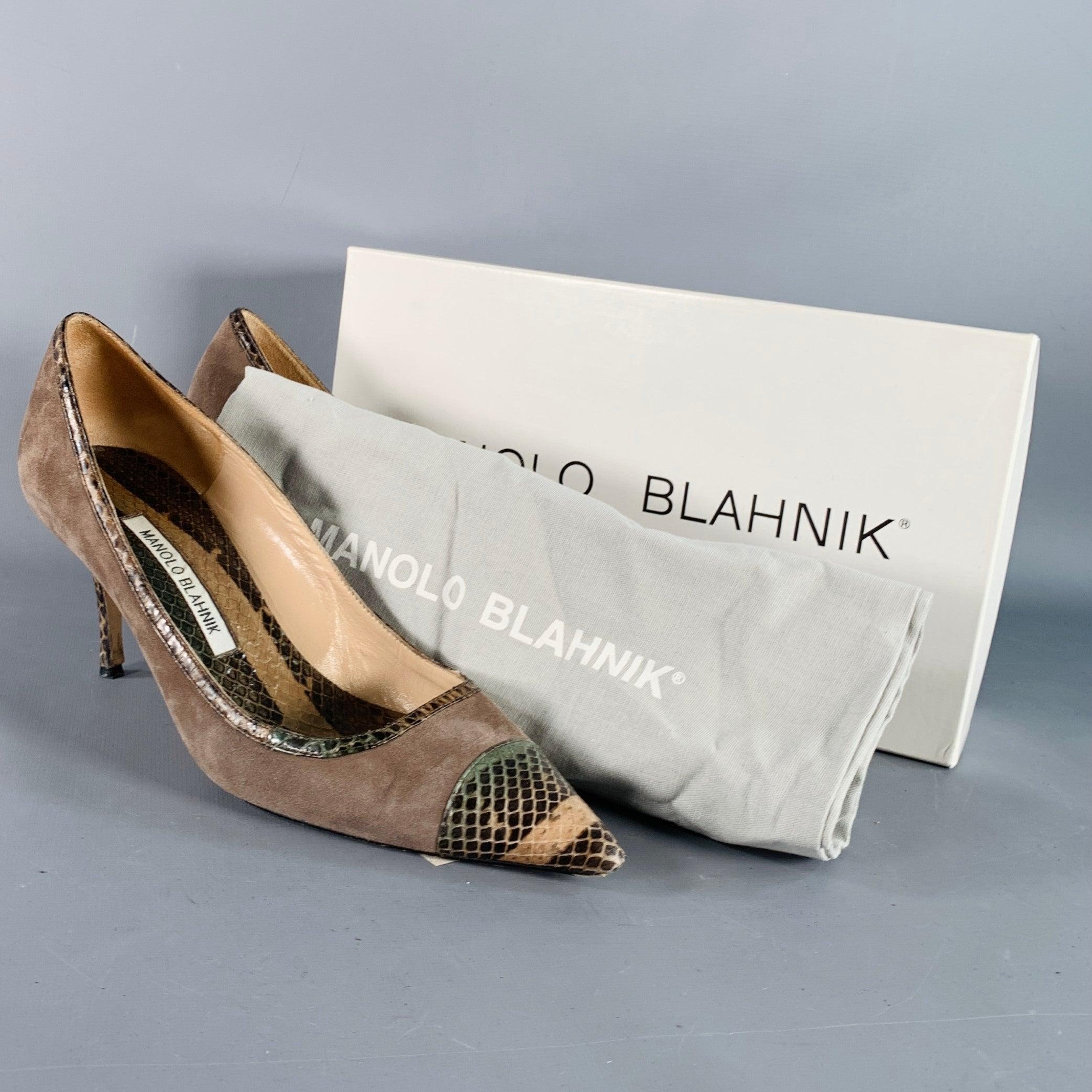 MANOLO BLAHNIK Size 8 Tan Brown Suede Snakeskin Cap Toe Pumps For Sale 6