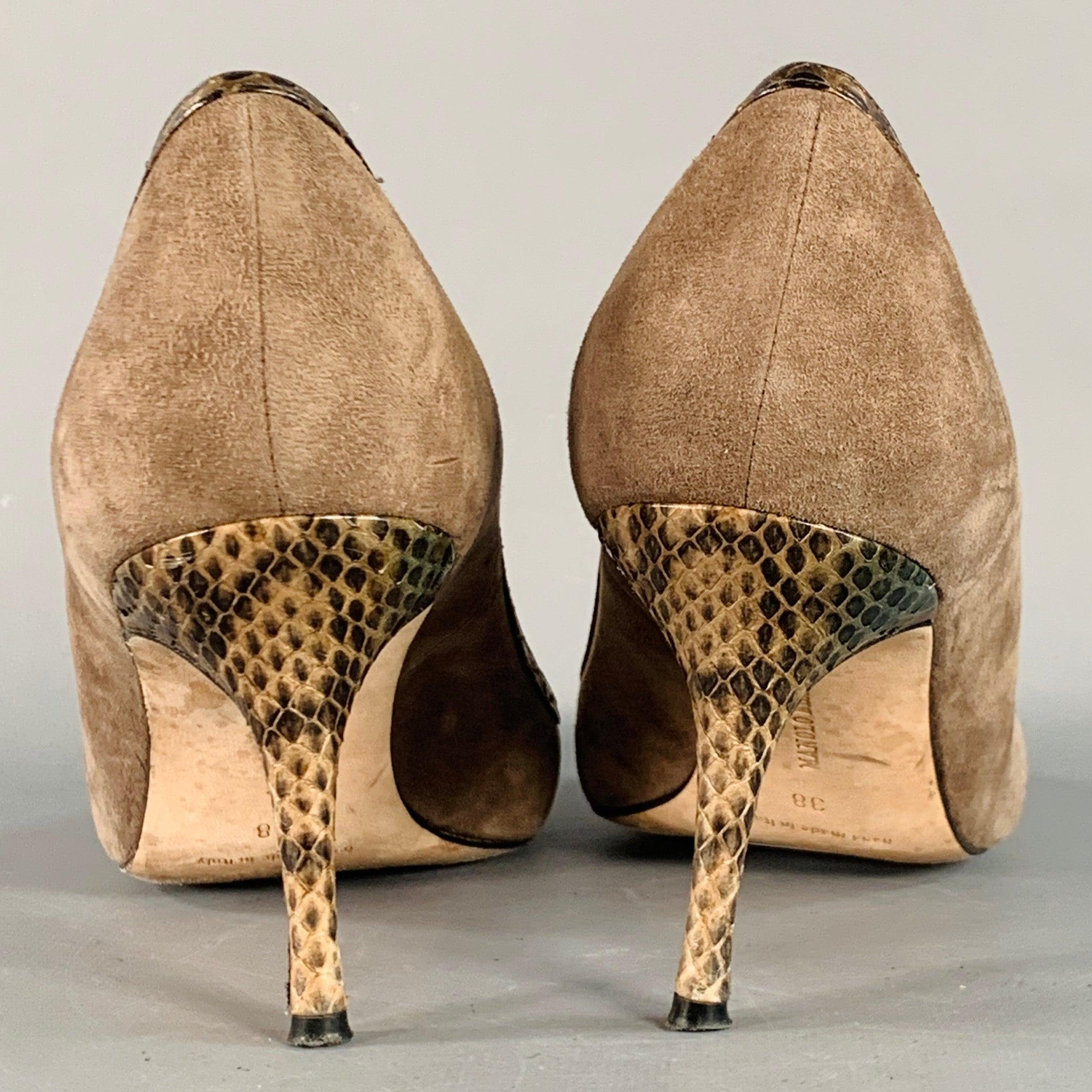 MANOLO BLAHNIK Size 8 Tan Brown Suede Snakeskin Cap Toe Pumps In Good Condition For Sale In San Francisco, CA