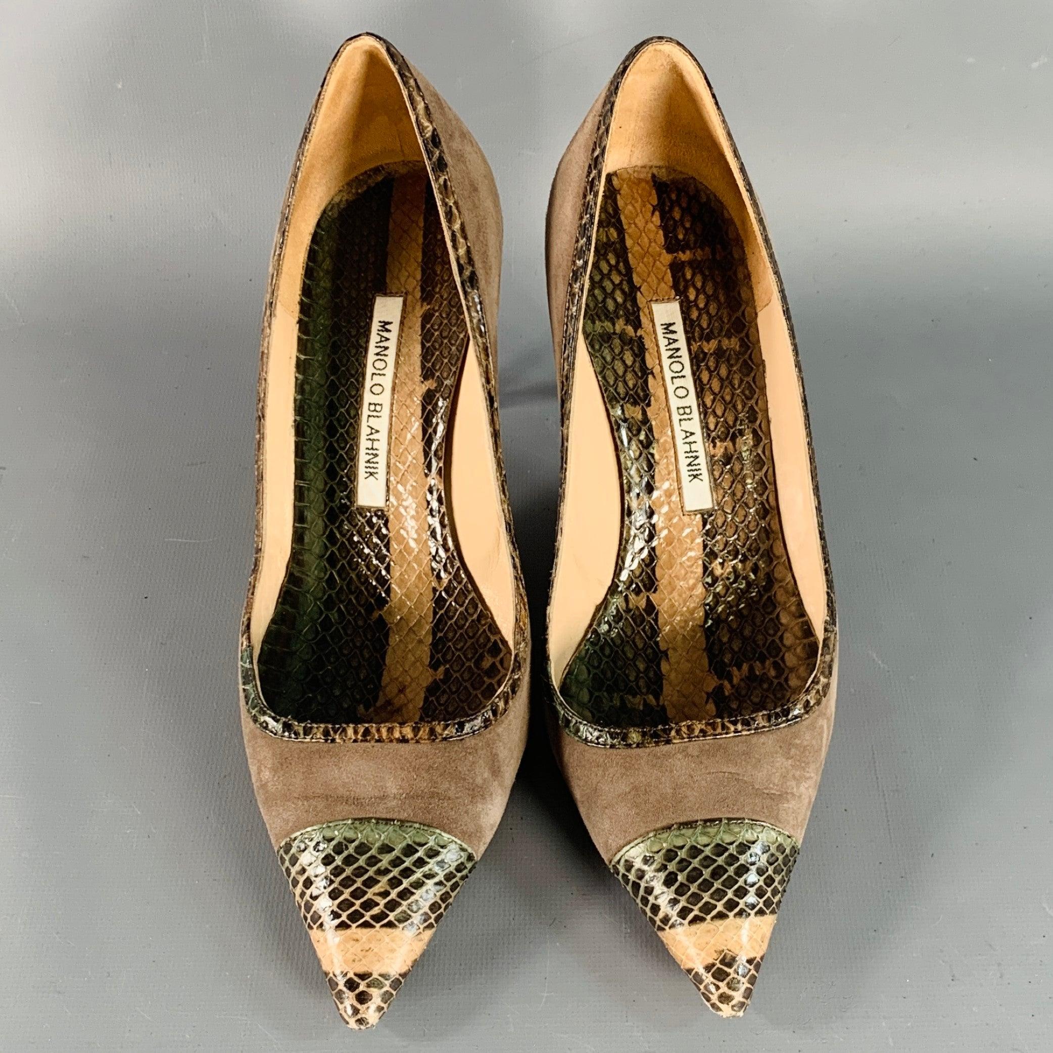 Women's MANOLO BLAHNIK Size 8 Tan Brown Suede Snakeskin Cap Toe Pumps For Sale
