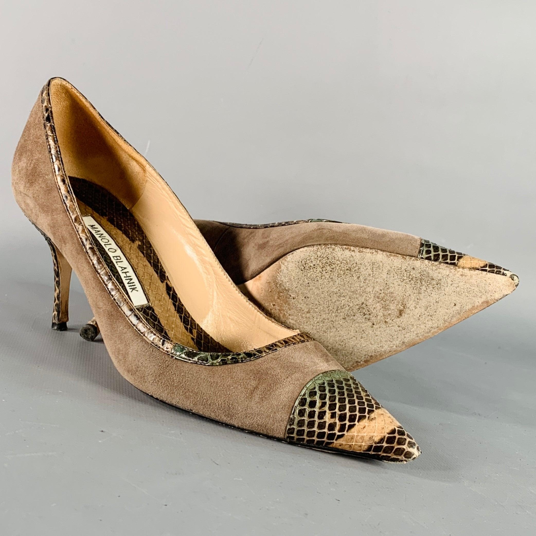 MANOLO BLAHNIK Size 8 Tan Brown Suede Snakeskin Cap Toe Pumps For Sale 1
