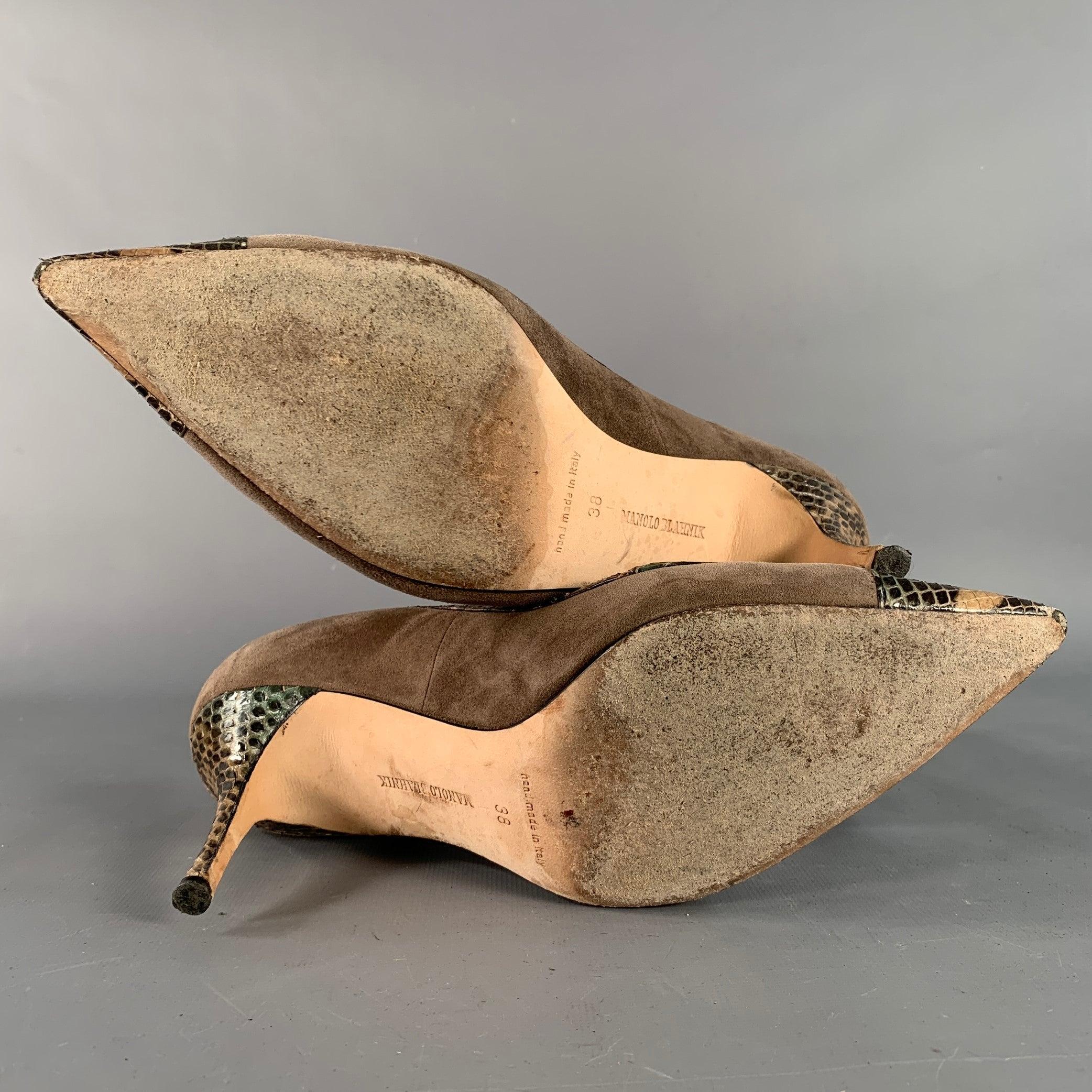 MANOLO BLAHNIK Size 8 Tan Brown Suede Snakeskin Cap Toe Pumps For Sale 2