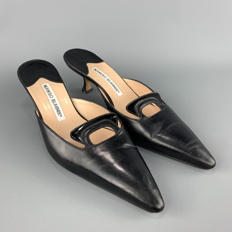 MANOLO BLAHNIK Size 8.5 Black Leather Pointed Cutout Mules at 1stDibs