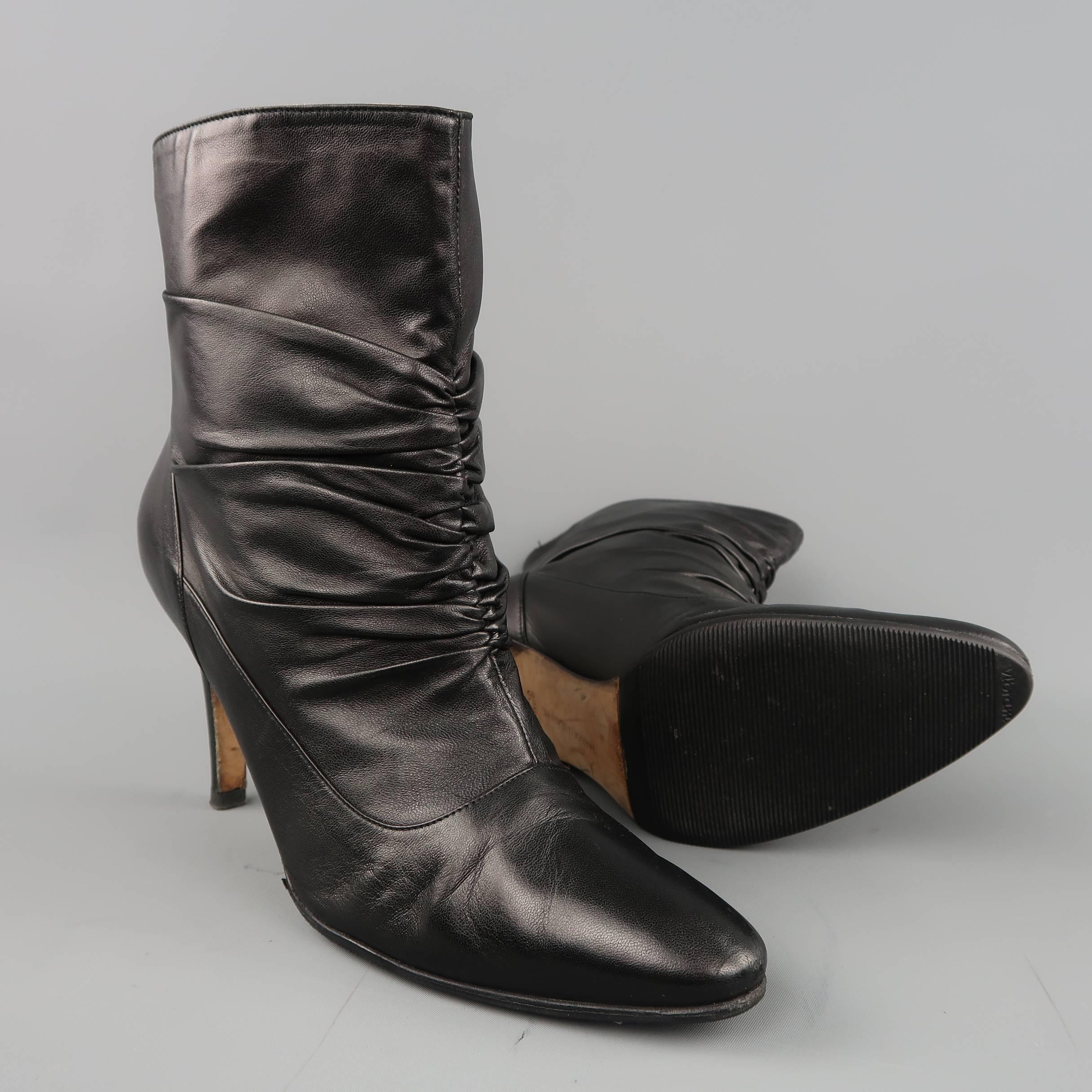 MANOLO BLAHNIK Size 8.5 Black Ruched Leather Ankle Boots In Good Condition In San Francisco, CA