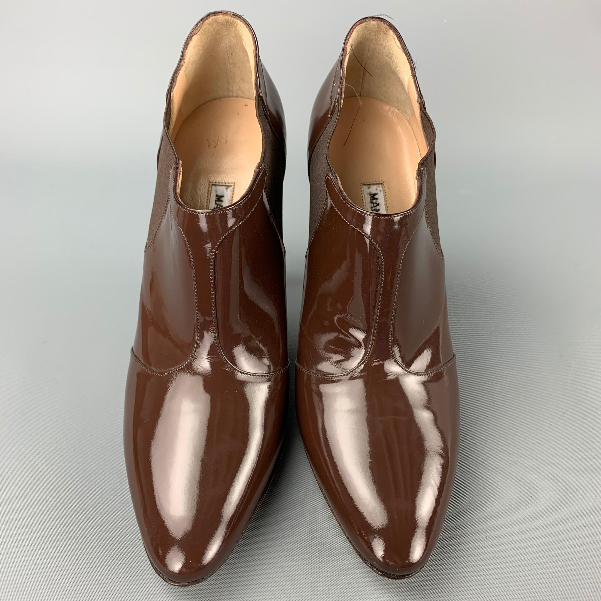 Black MANOLO BLAHNIK Size 8.5 Brown Patent Leather Booties