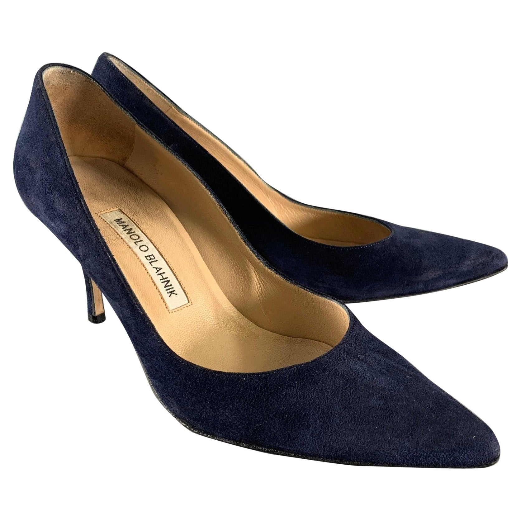 MANOLO BLAHNIK Size 8.5 Navy Suede Pointed Toe Pumps For Sale